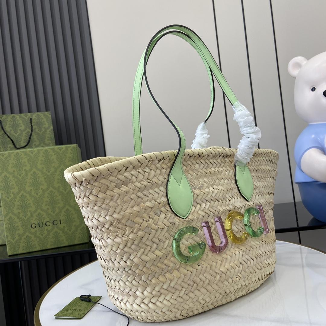 Gucci Small Straw Tote With Gucci Logo - DopestKickz