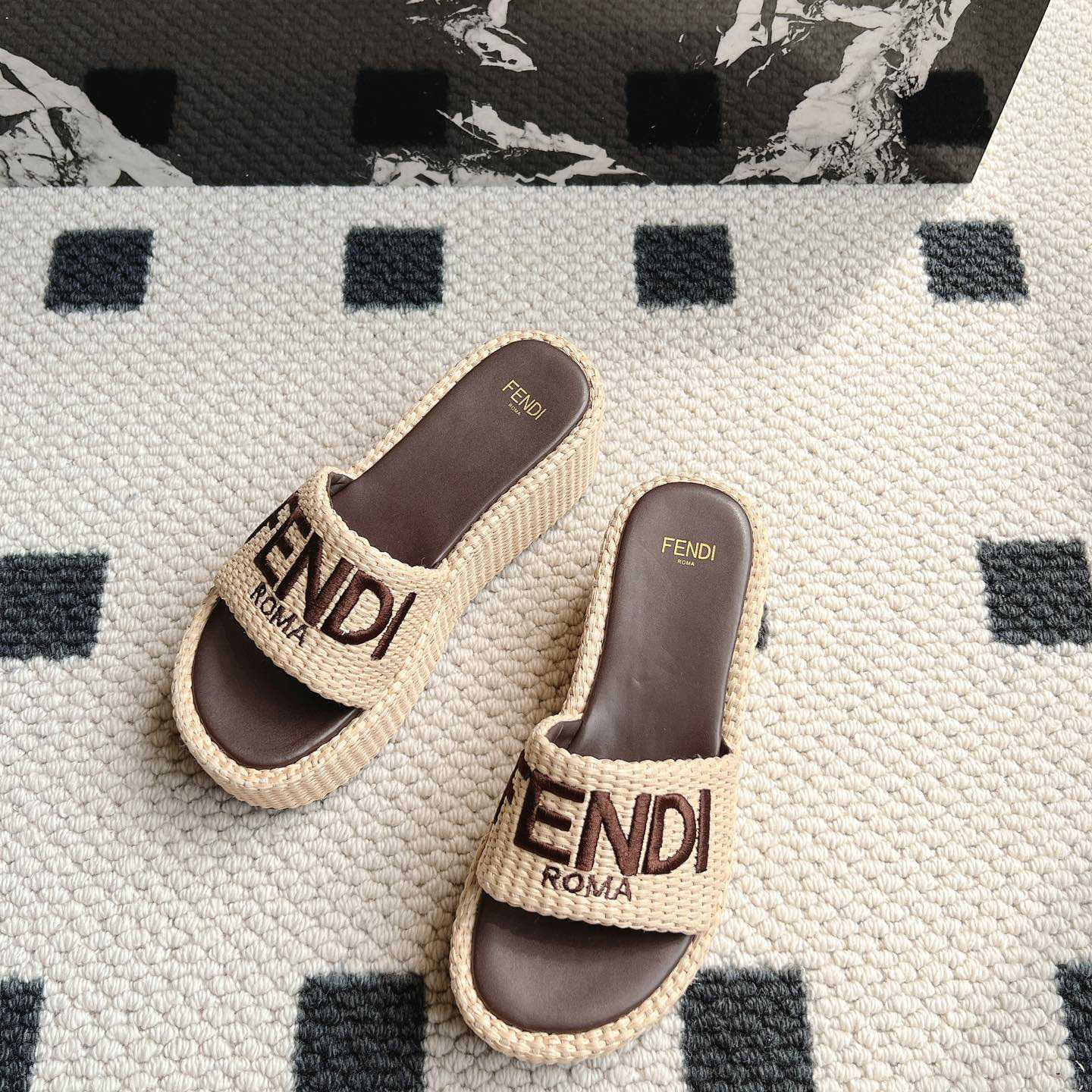 Fendi Sunshine Beige Cotton Fiber Flatform Slides - DopestKickz