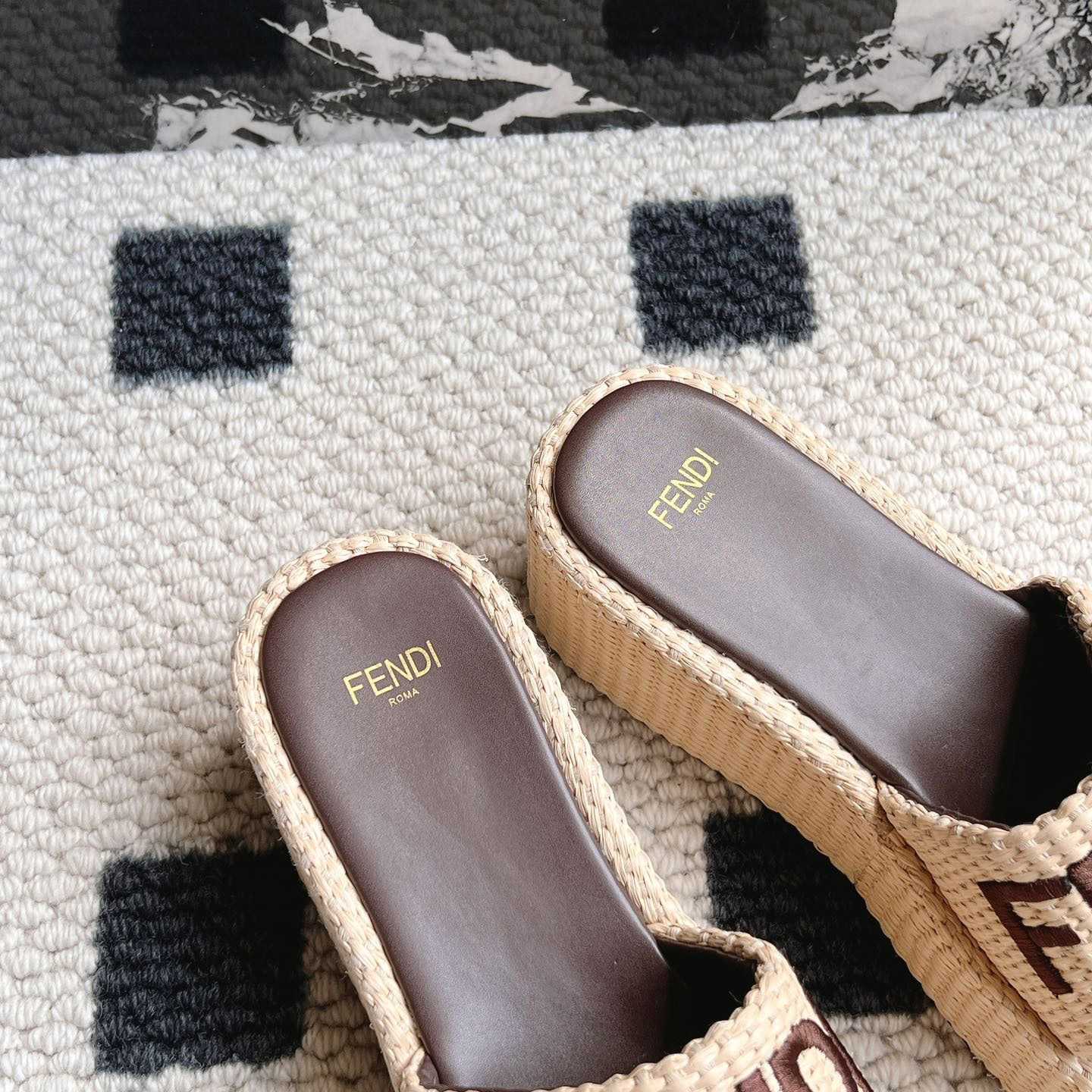 Fendi Sunshine Beige Cotton Fiber Flatform Slides - DopestKickz