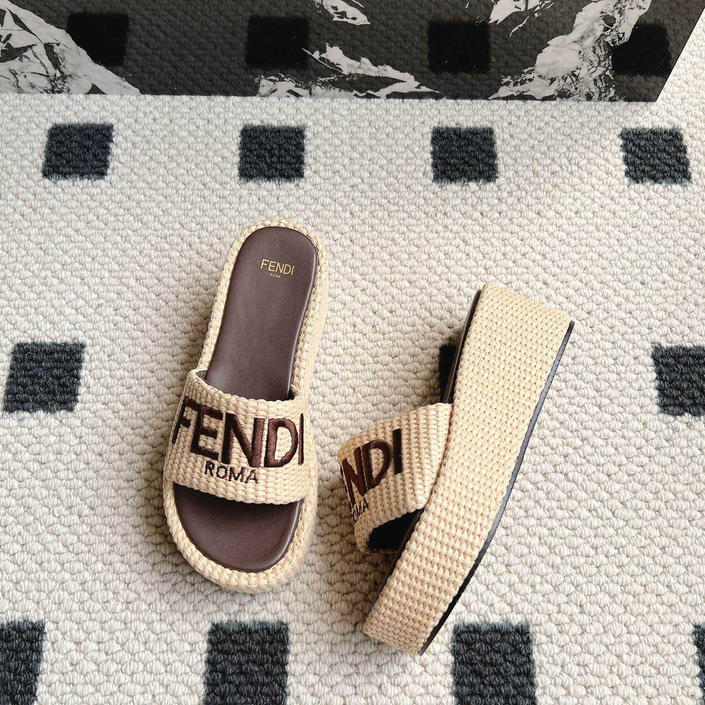 Fendi Sunshine Beige Cotton Fiber Flatform Slides - DopestKickz