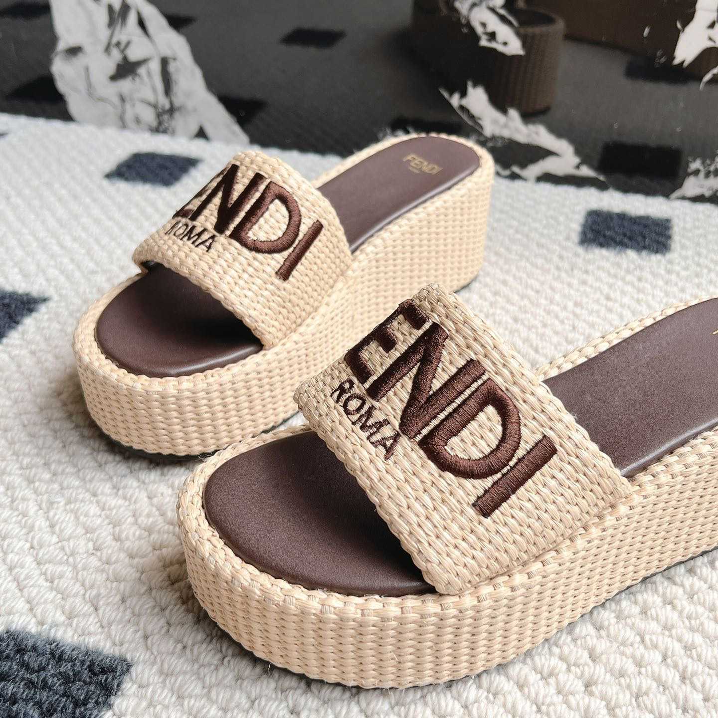 Fendi Sunshine Beige Cotton Fiber Flatform Slides - DopestKickz