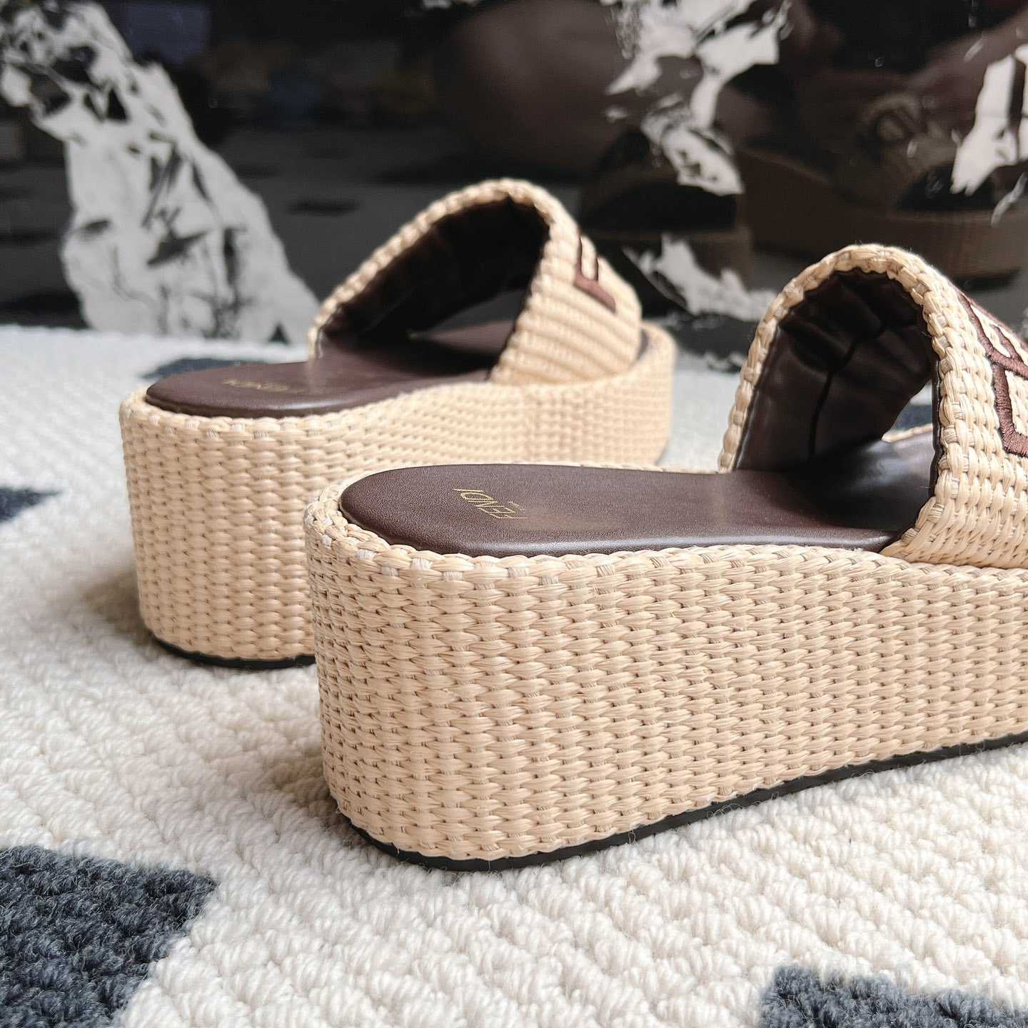 Fendi Sunshine Beige Cotton Fiber Flatform Slides - DopestKickz