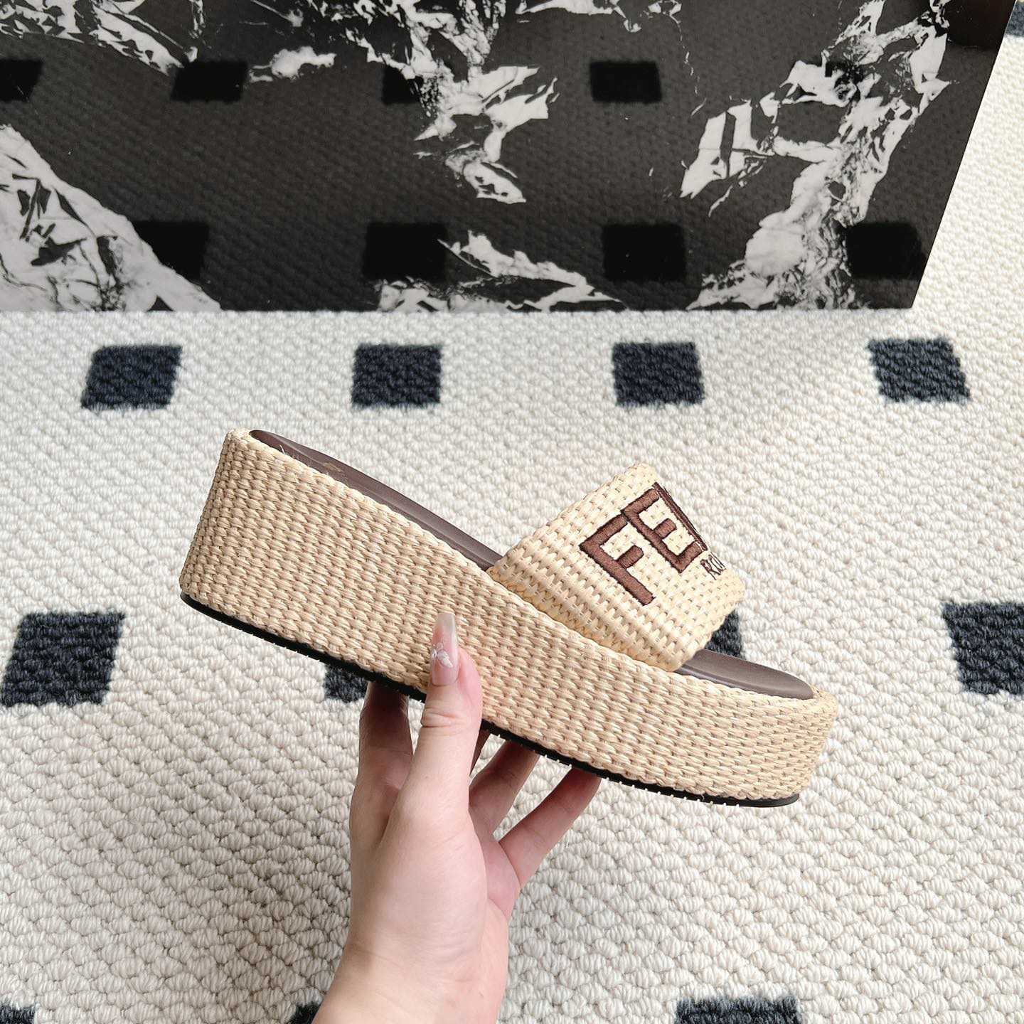 Fendi Sunshine Beige Cotton Fiber Flatform Slides - DopestKickz
