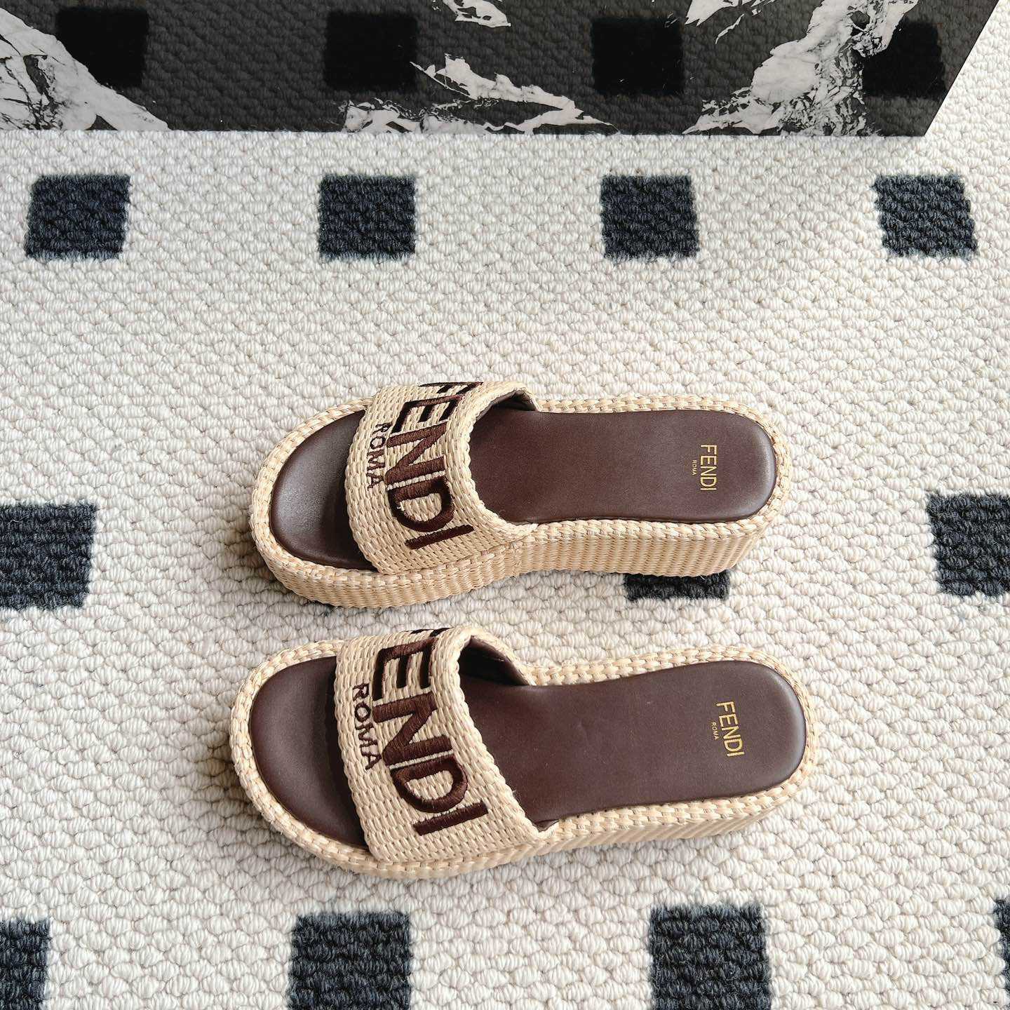 Fendi Sunshine Beige Cotton Fiber Flatform Slides - DopestKickz