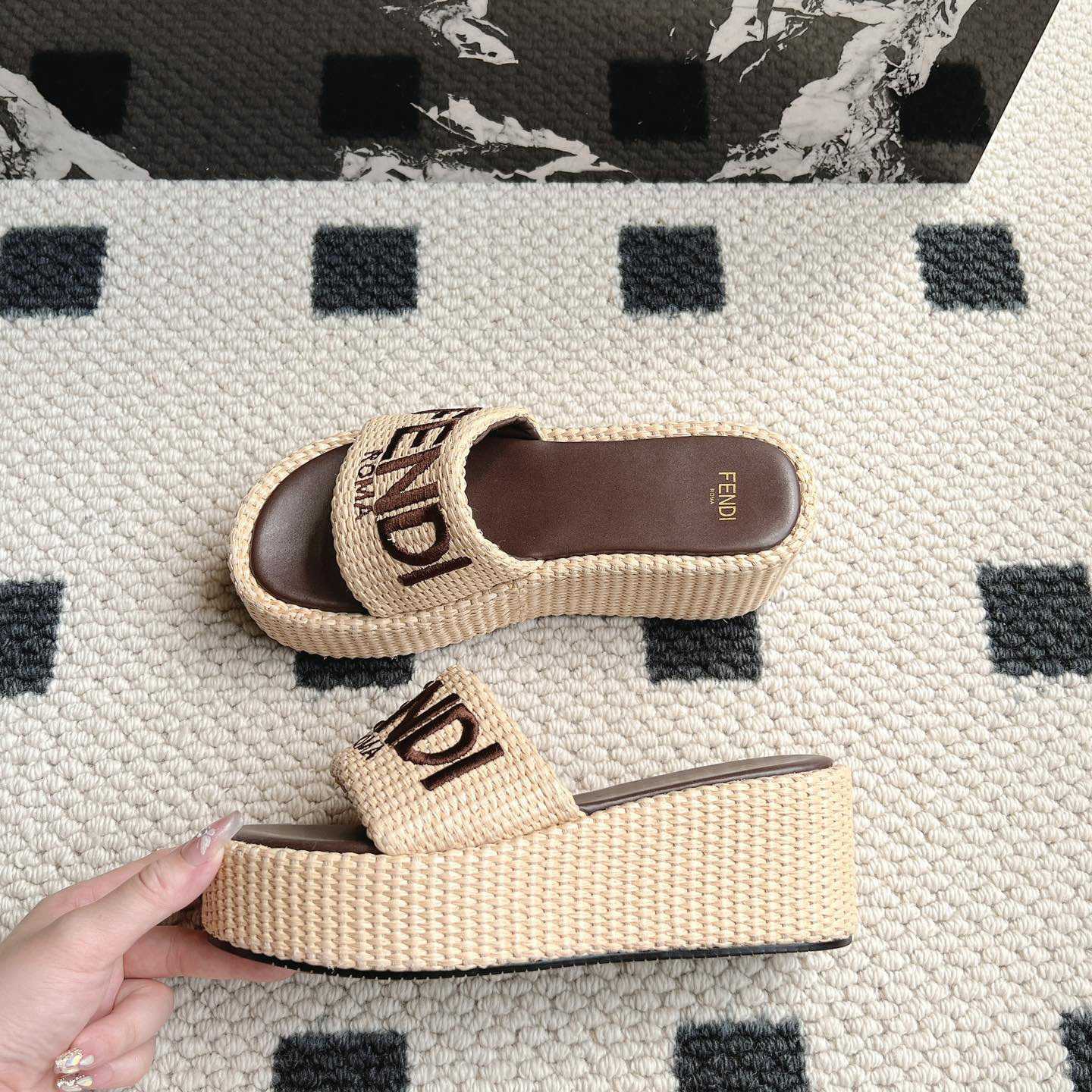 Fendi Sunshine Beige Cotton Fiber Flatform Slides - DopestKickz