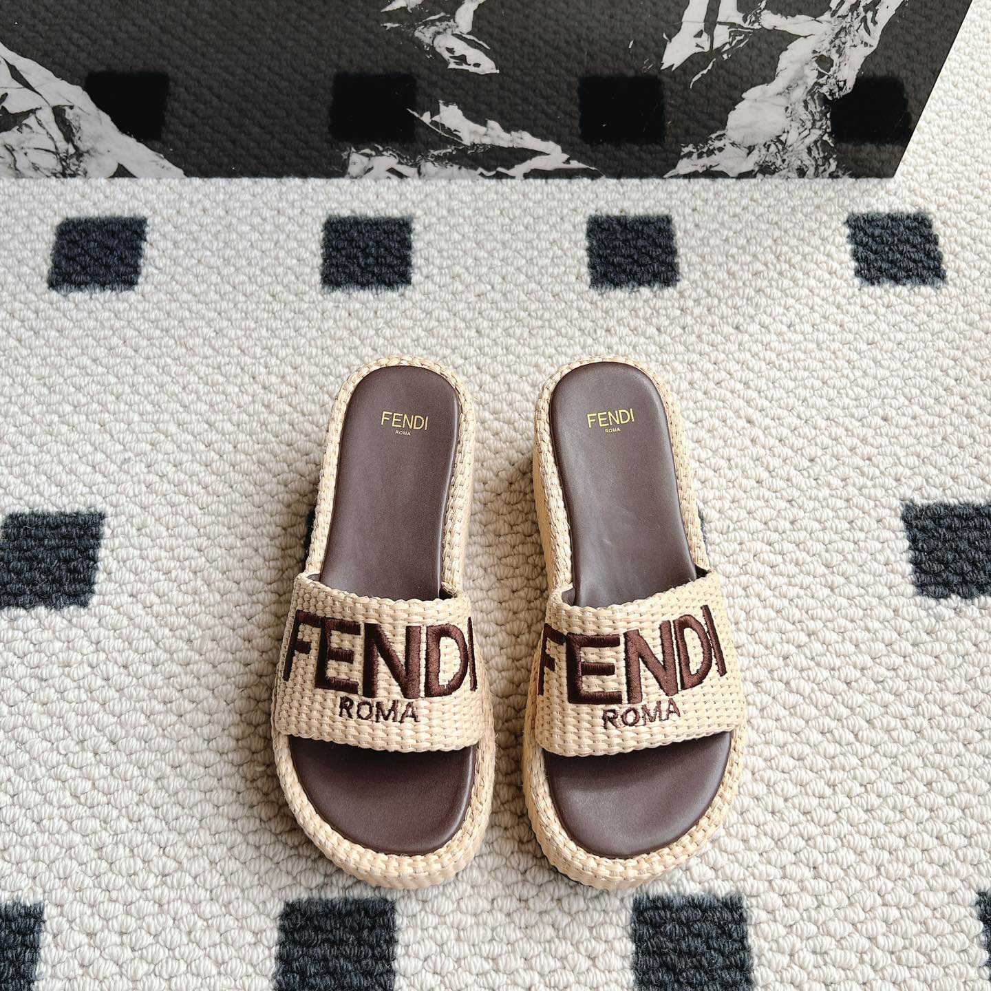 Fendi Sunshine Beige Cotton Fiber Flatform Slides - DopestKickz