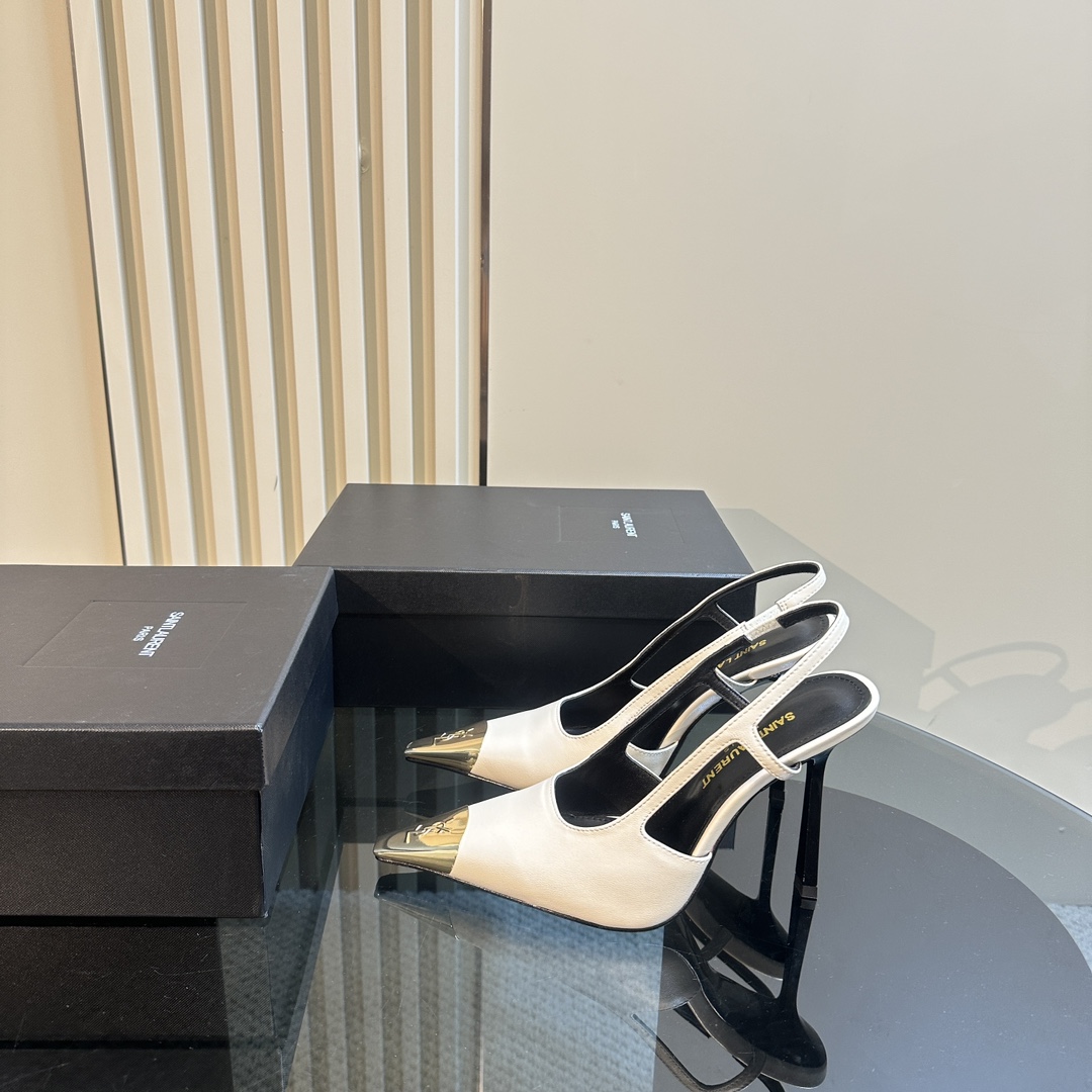 Saint Laurent Women's White Jeanne 100 Leather Slingback Pumps - DopestKickz