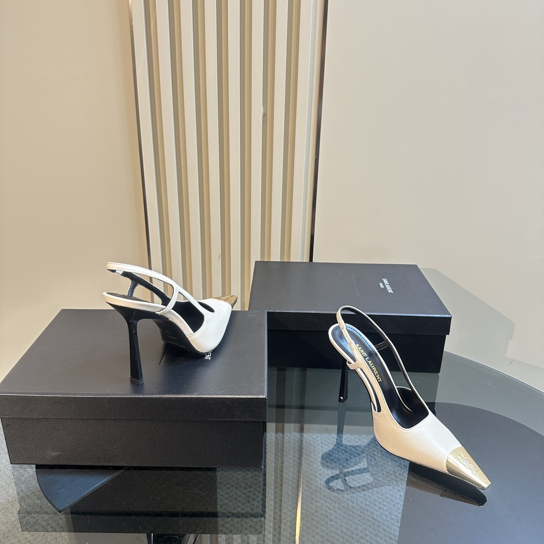 Saint Laurent Women's White Jeanne 100 Leather Slingback Pumps - DopestKickz