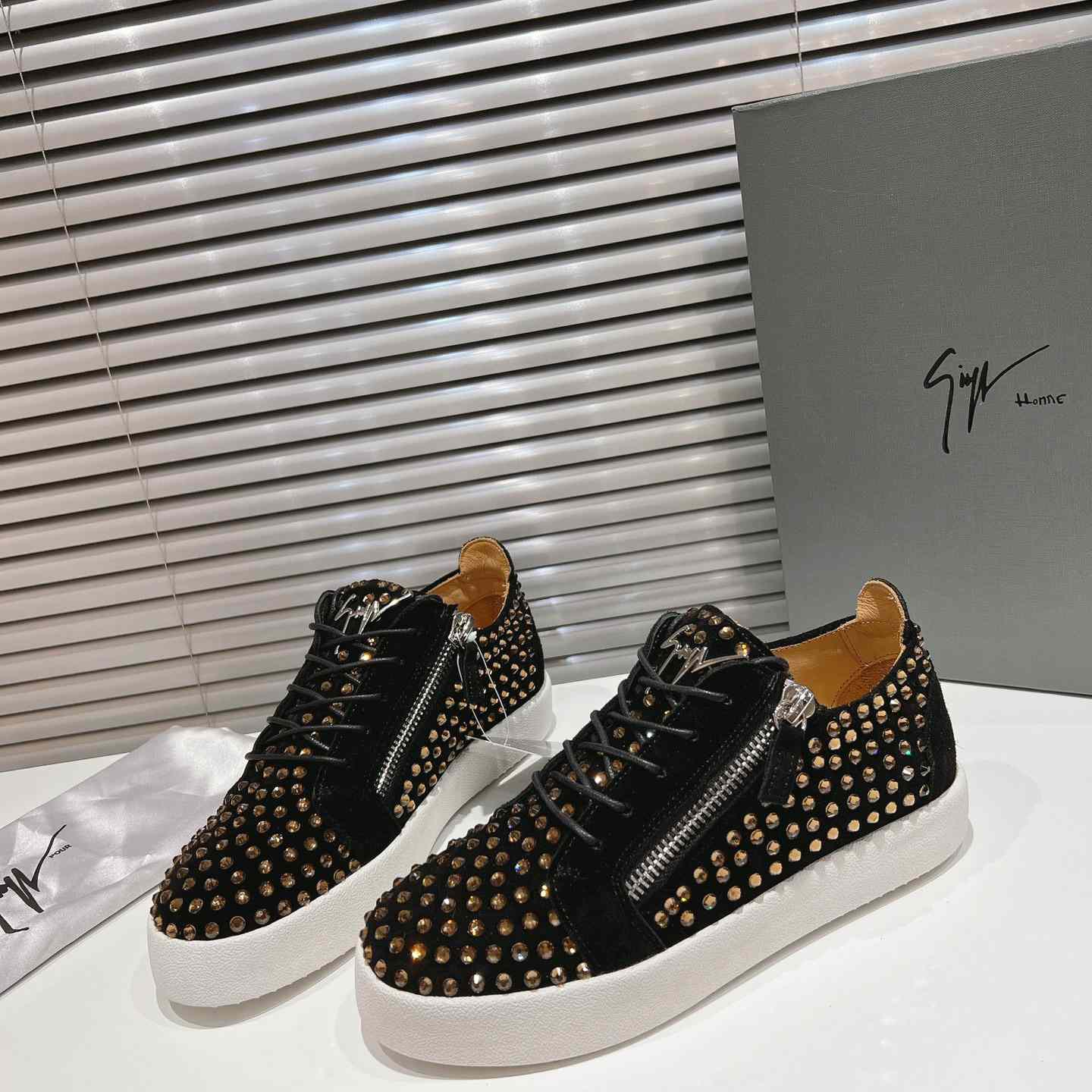 Giuseppe Zanotti Black Suede Crystal May London Sneakers - DopestKickz