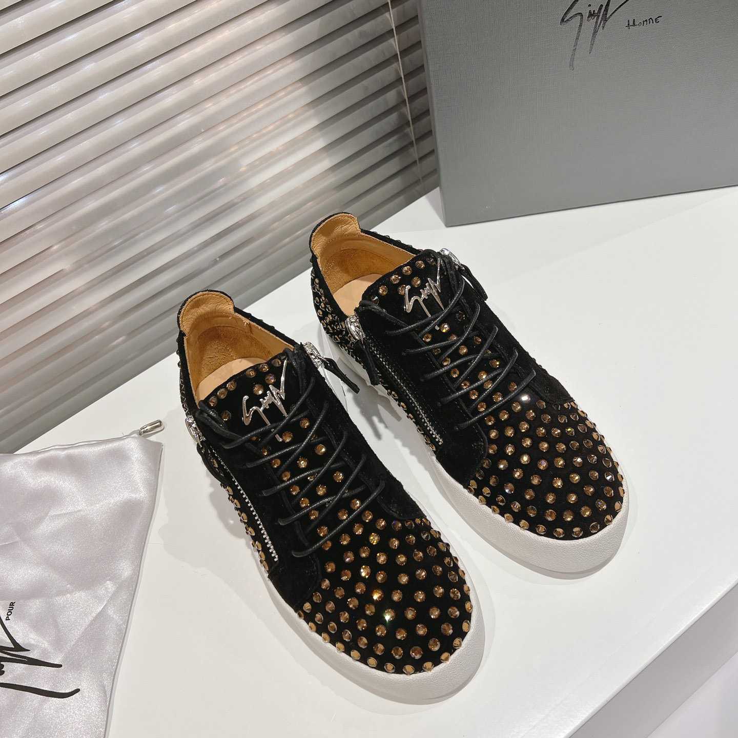 Giuseppe Zanotti Black Suede Crystal May London Sneakers - DopestKickz