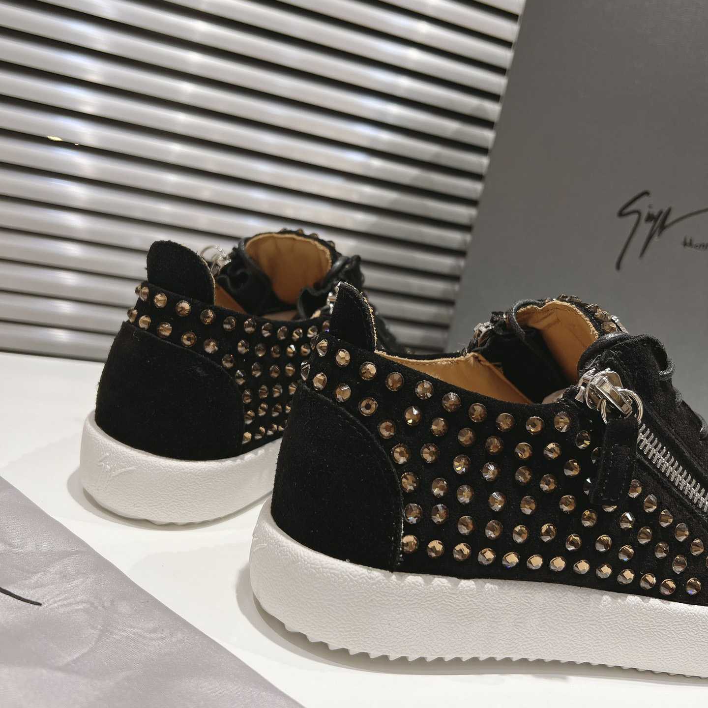 Giuseppe Zanotti Black Suede Crystal May London Sneakers - DopestKickz