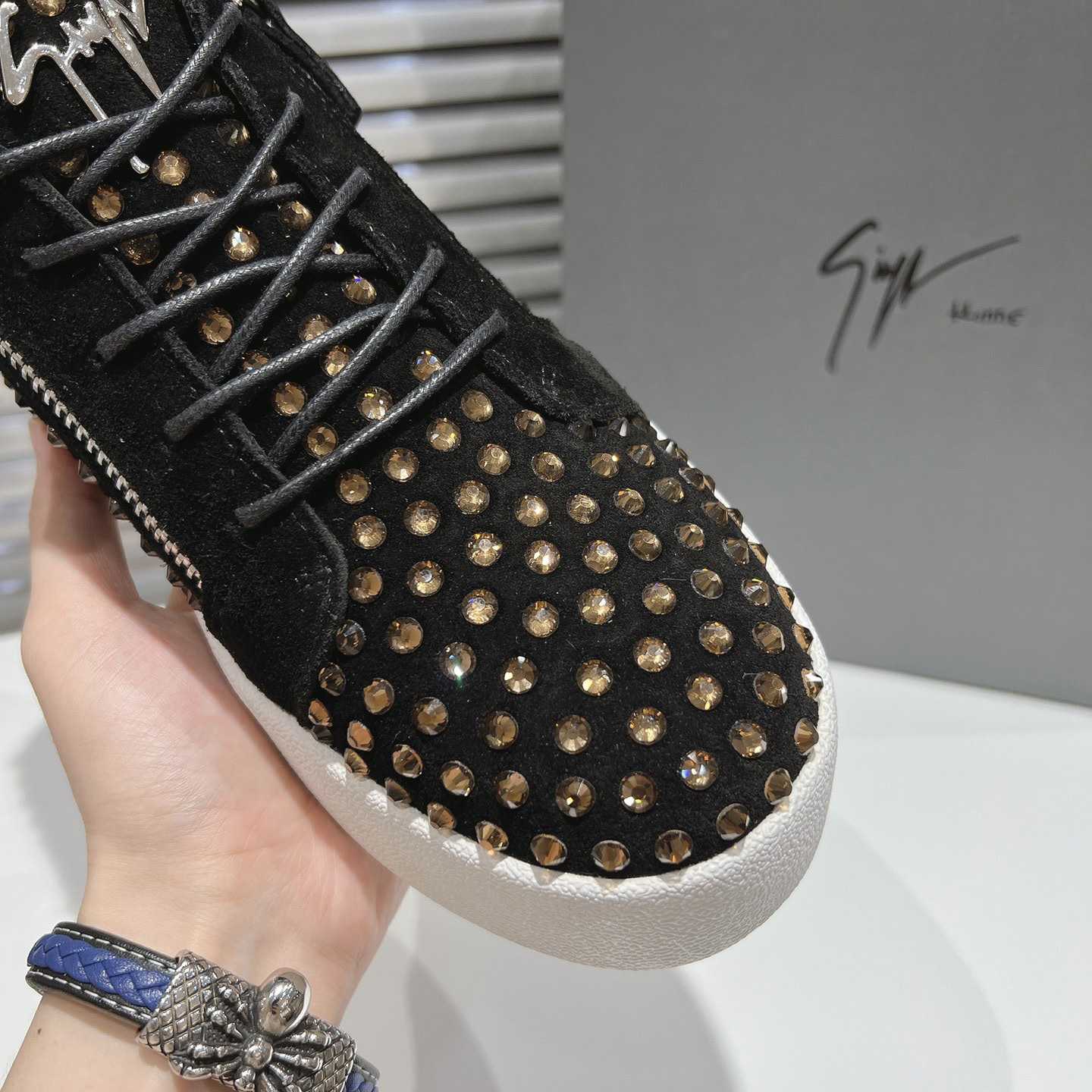 Giuseppe Zanotti Black Suede Crystal May London Sneakers - DopestKickz