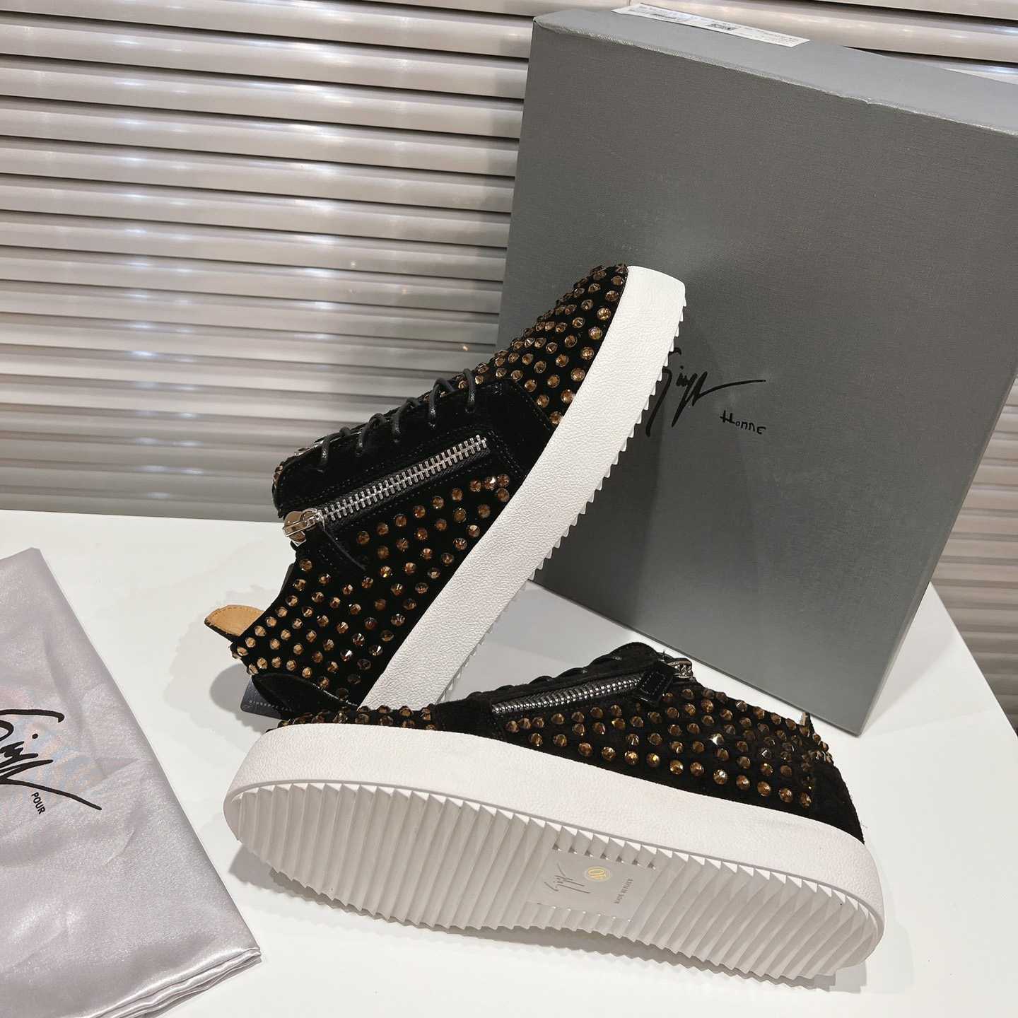 Giuseppe Zanotti Black Suede Crystal May London Sneakers - DopestKickz