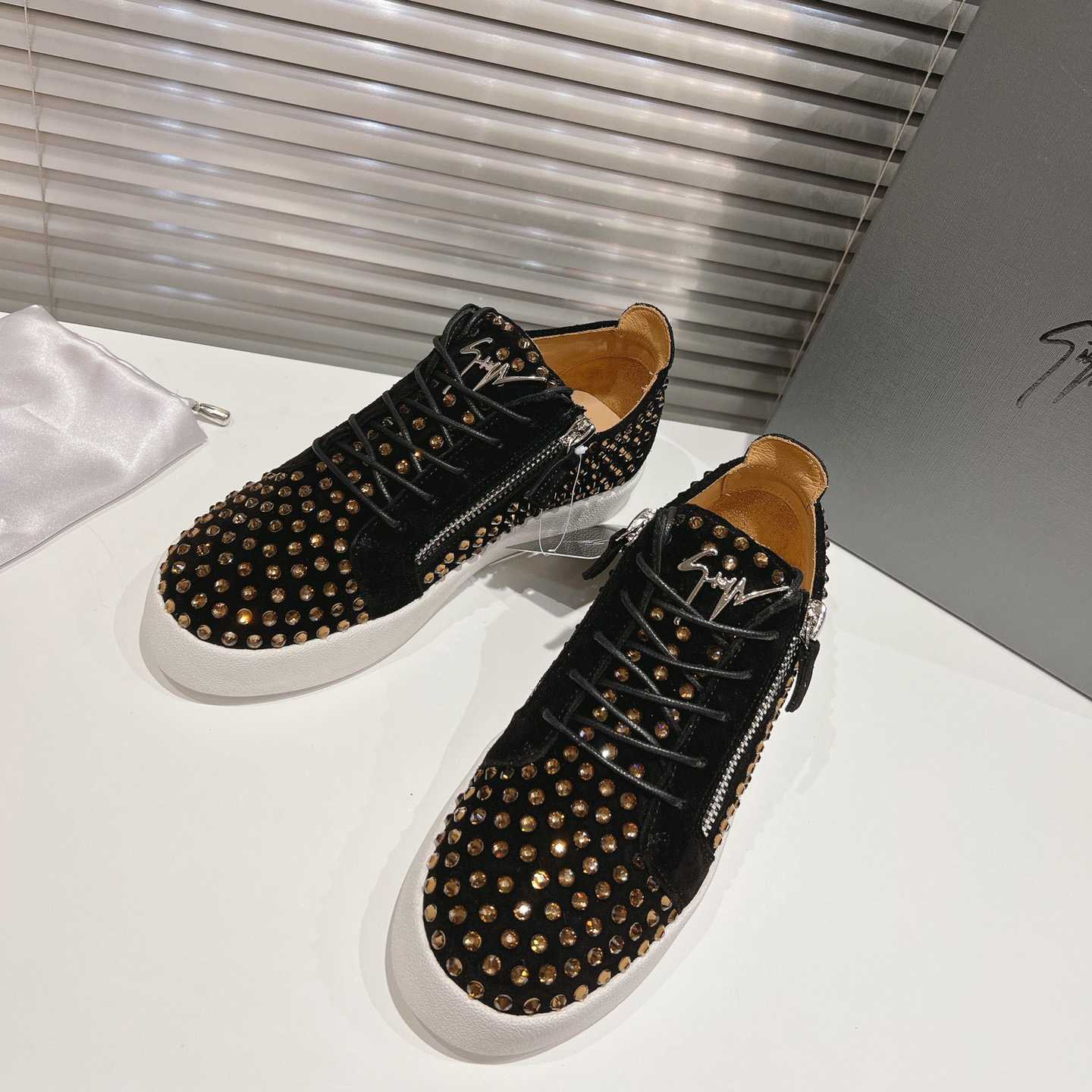 Giuseppe Zanotti Black Suede Crystal May London Sneakers - DopestKickz