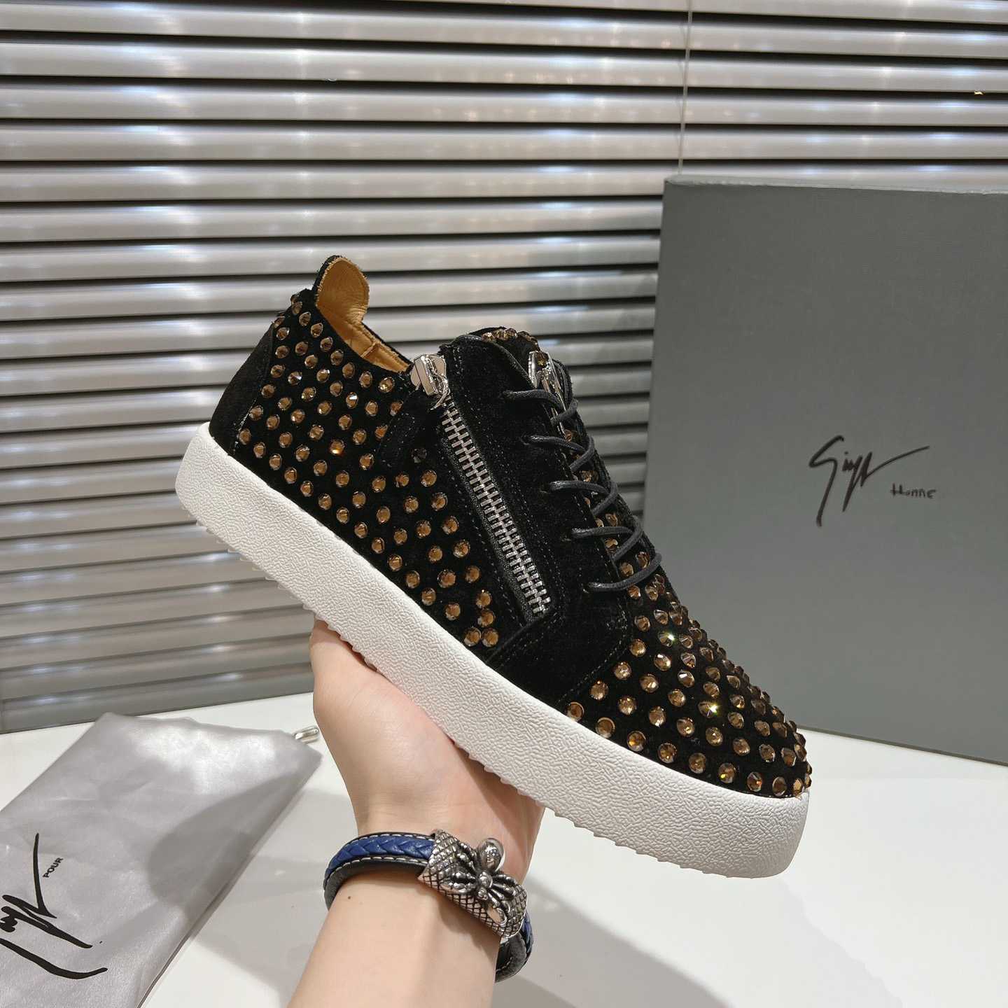 Giuseppe Zanotti Black Suede Crystal May London Sneakers - DopestKickz