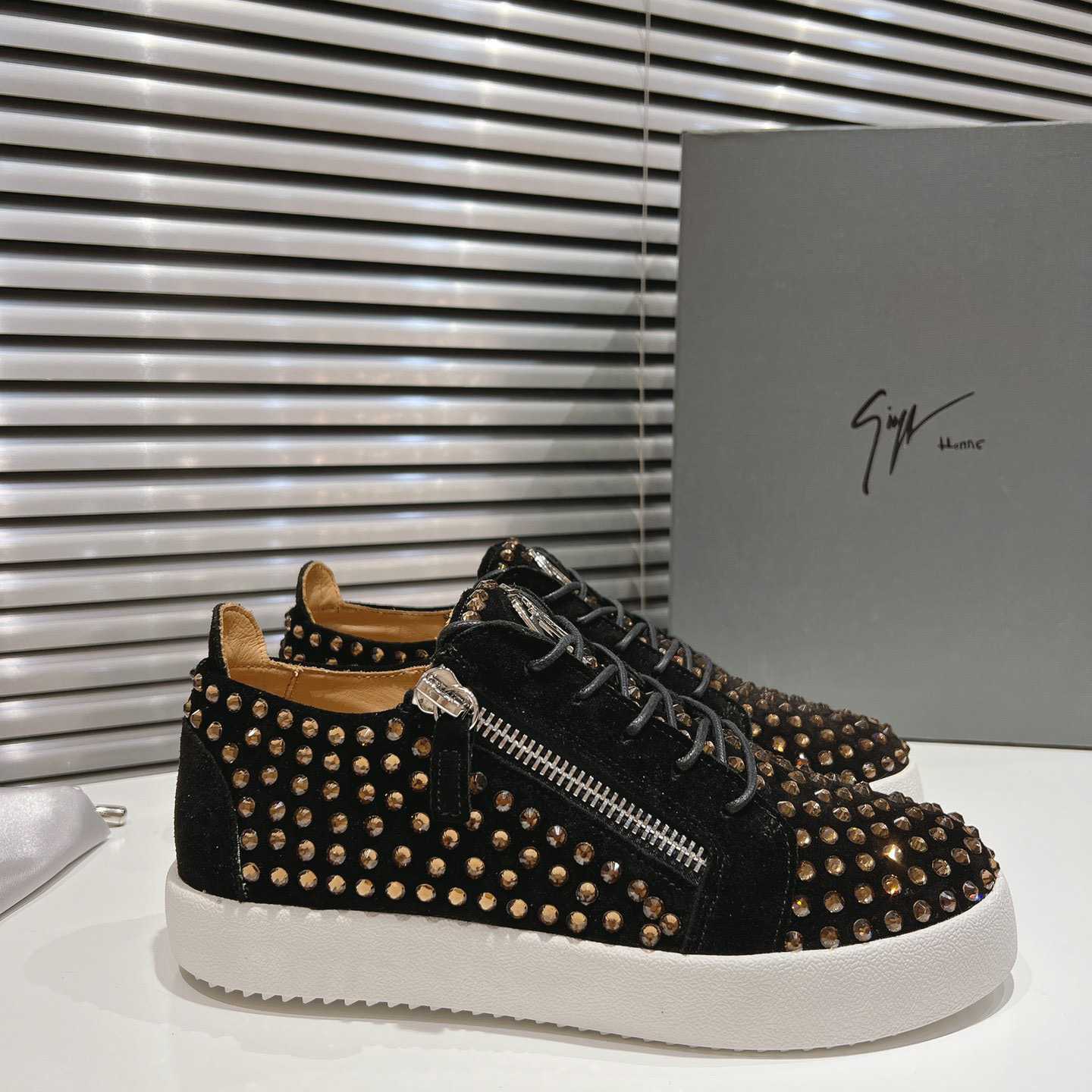 Giuseppe Zanotti Black Suede Crystal May London Sneakers - DopestKickz