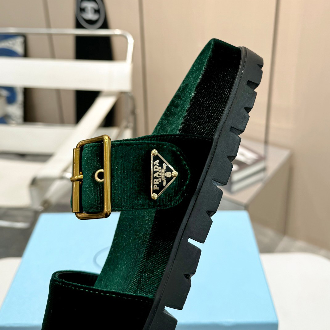 Prada Green Velvet Buckle Slides - DopestKickz