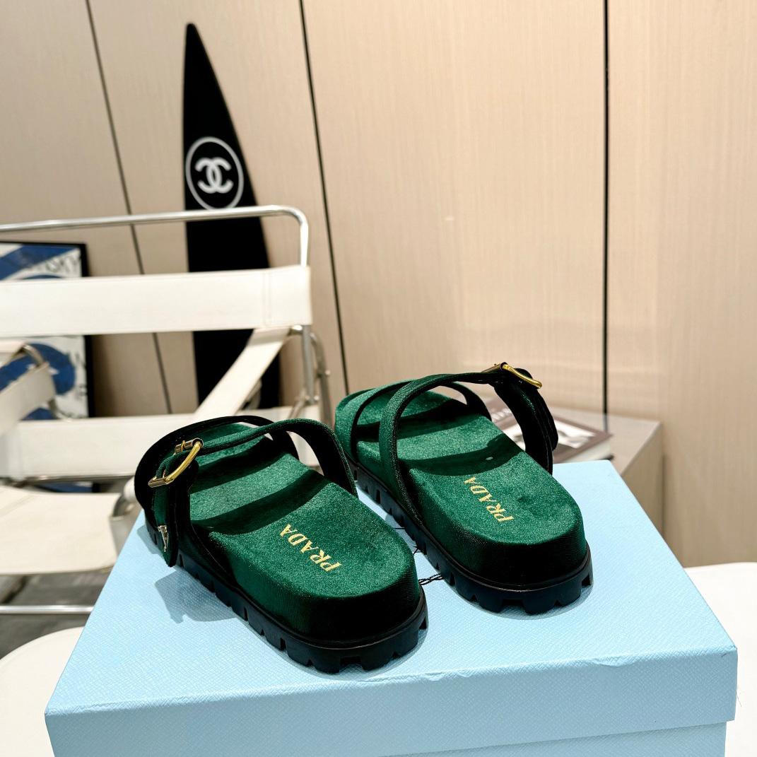 Prada Green Velvet Buckle Slides - DopestKickz