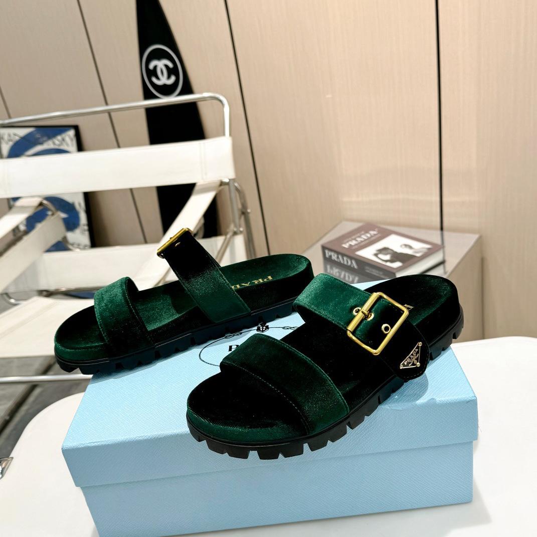 Prada Green Velvet Buckle Slides - DopestKickz