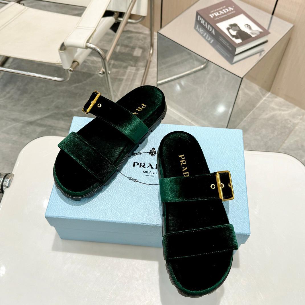 Prada Green Velvet Buckle Slides - DopestKickz