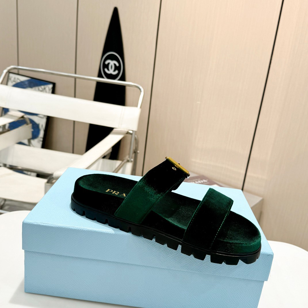 Prada Green Velvet Buckle Slides - DopestKickz