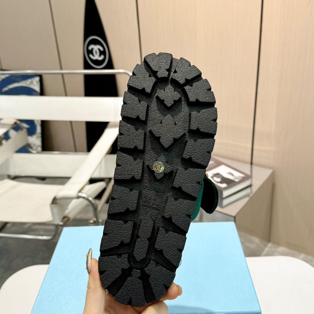 Prada Green Velvet Buckle Slides - DopestKickz