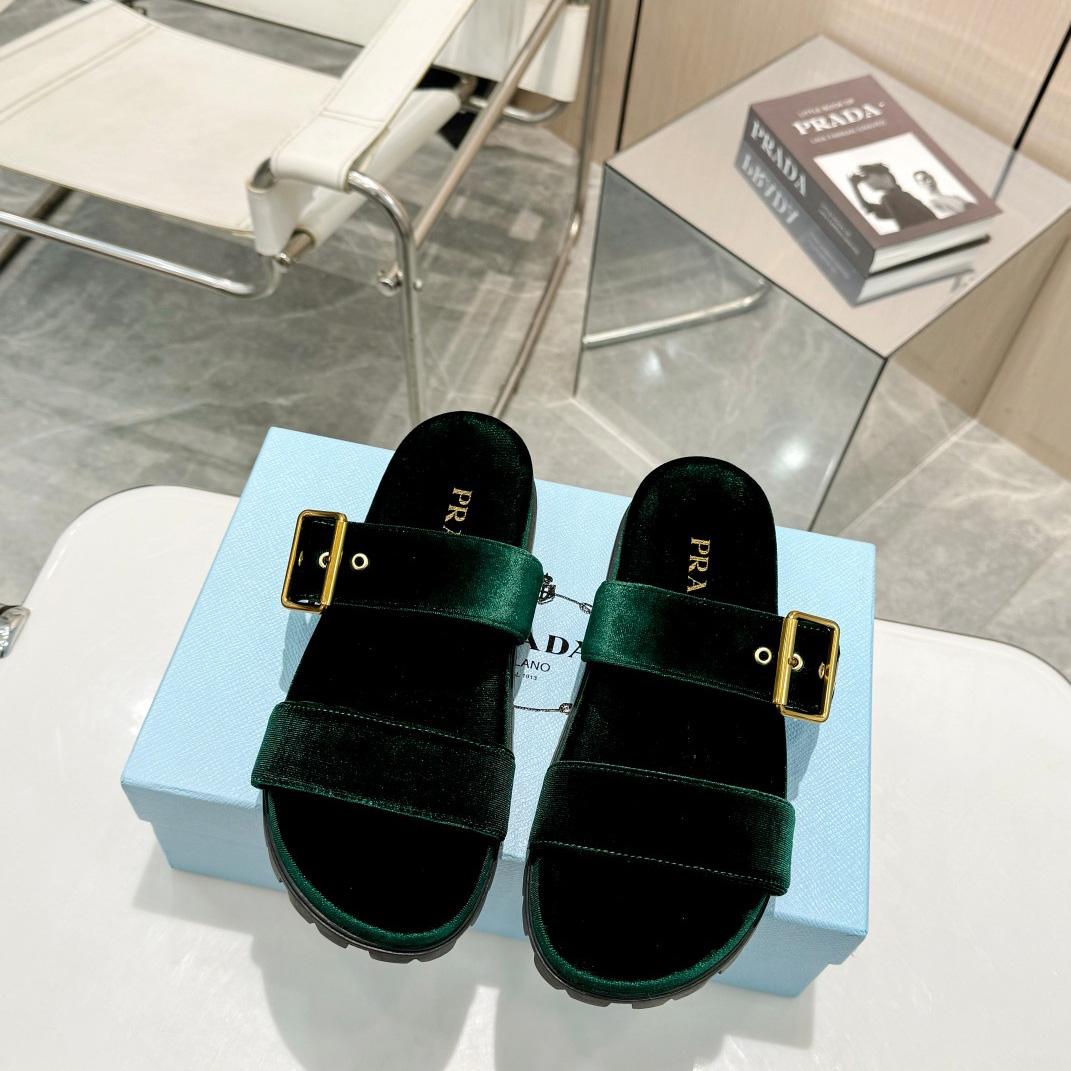 Prada Green Velvet Buckle Slides - DopestKickz