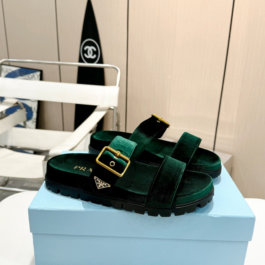Prada Green Velvet Buckle Slides - DopestKickz