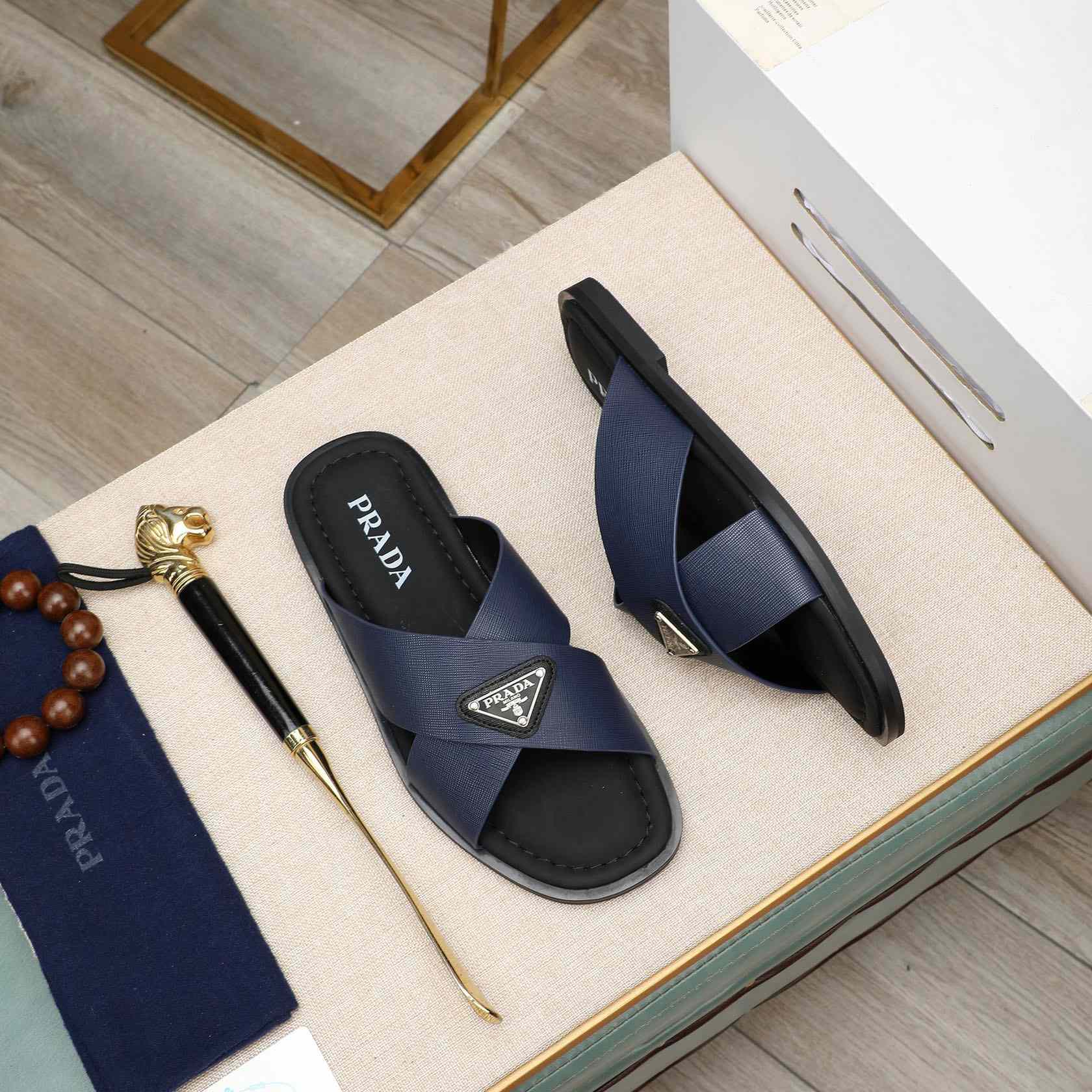 Prada Saffiano Leather Crisscross Sandals - DopestKickz