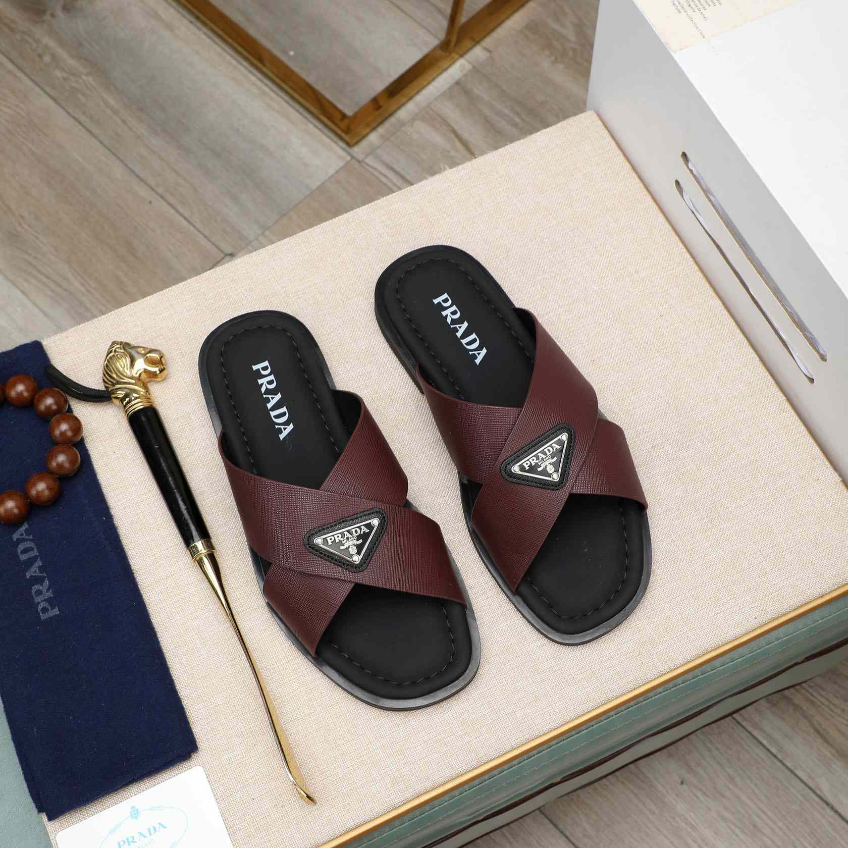 Prada Saffiano Leather Crisscross Sandals - DopestKickz