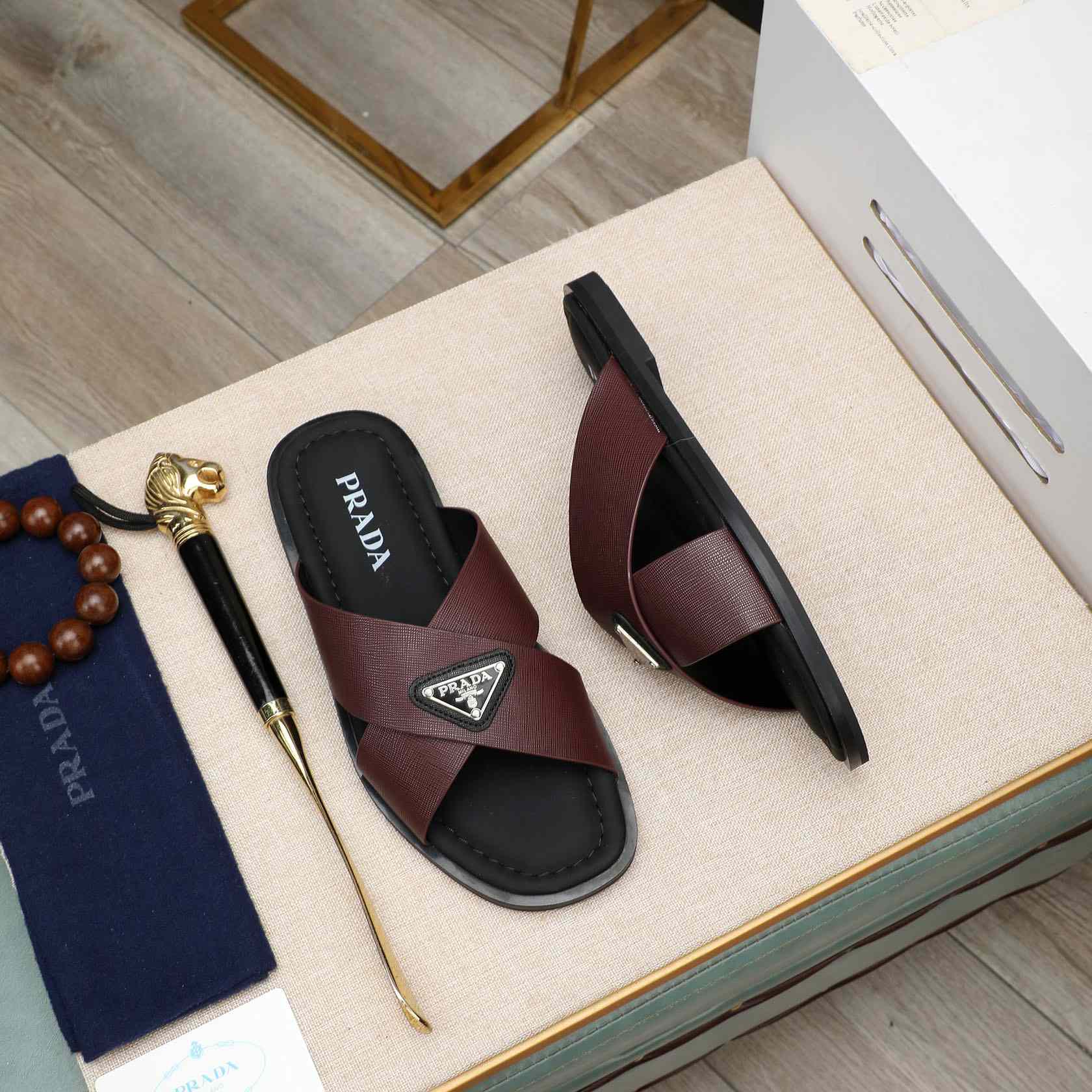 Prada Saffiano Leather Crisscross Sandals - DopestKickz