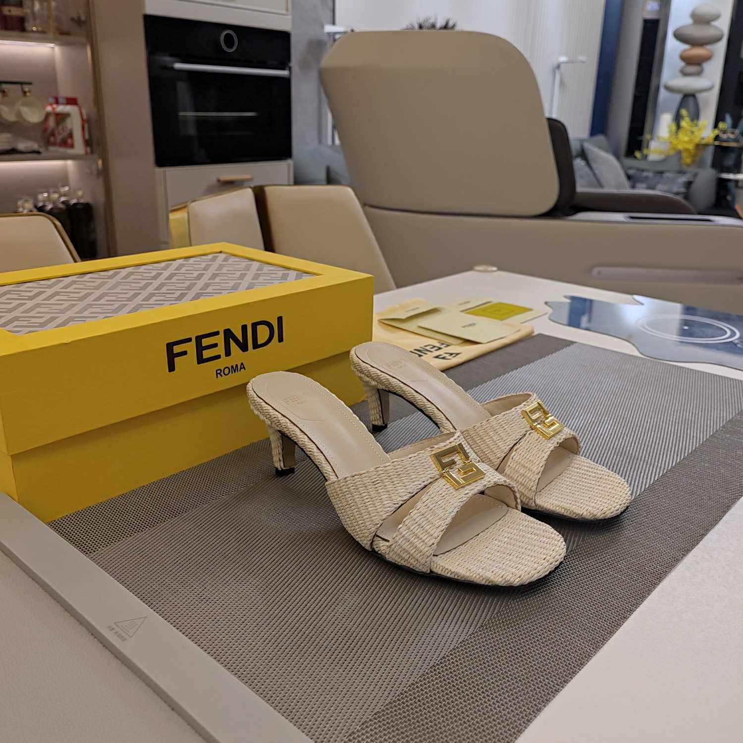 Fendi FFold Beige Cotton Fibre Medium-heel Sandals - DopestKickz
