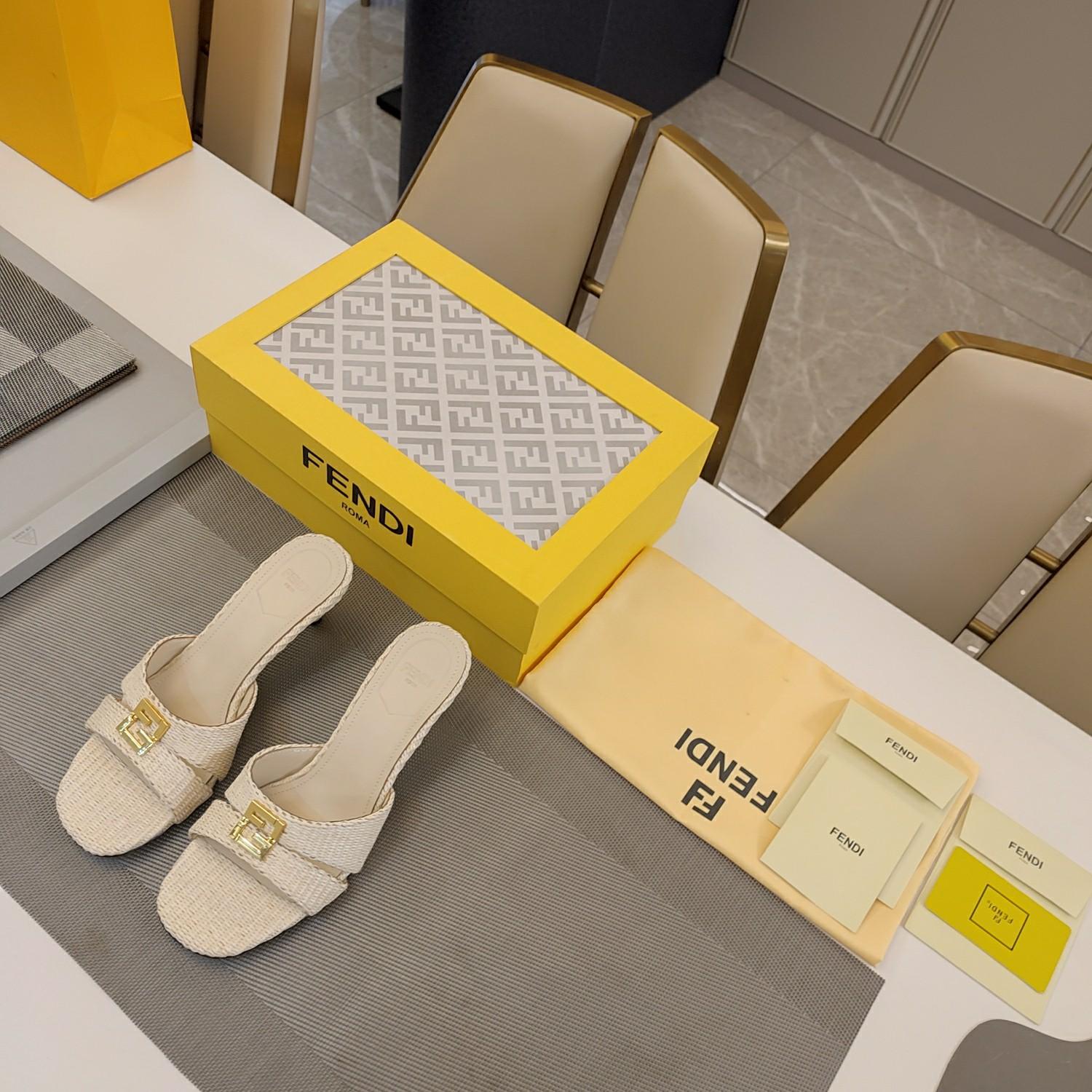 Fendi FFold Beige Cotton Fibre Medium-heel Sandals - DopestKickz