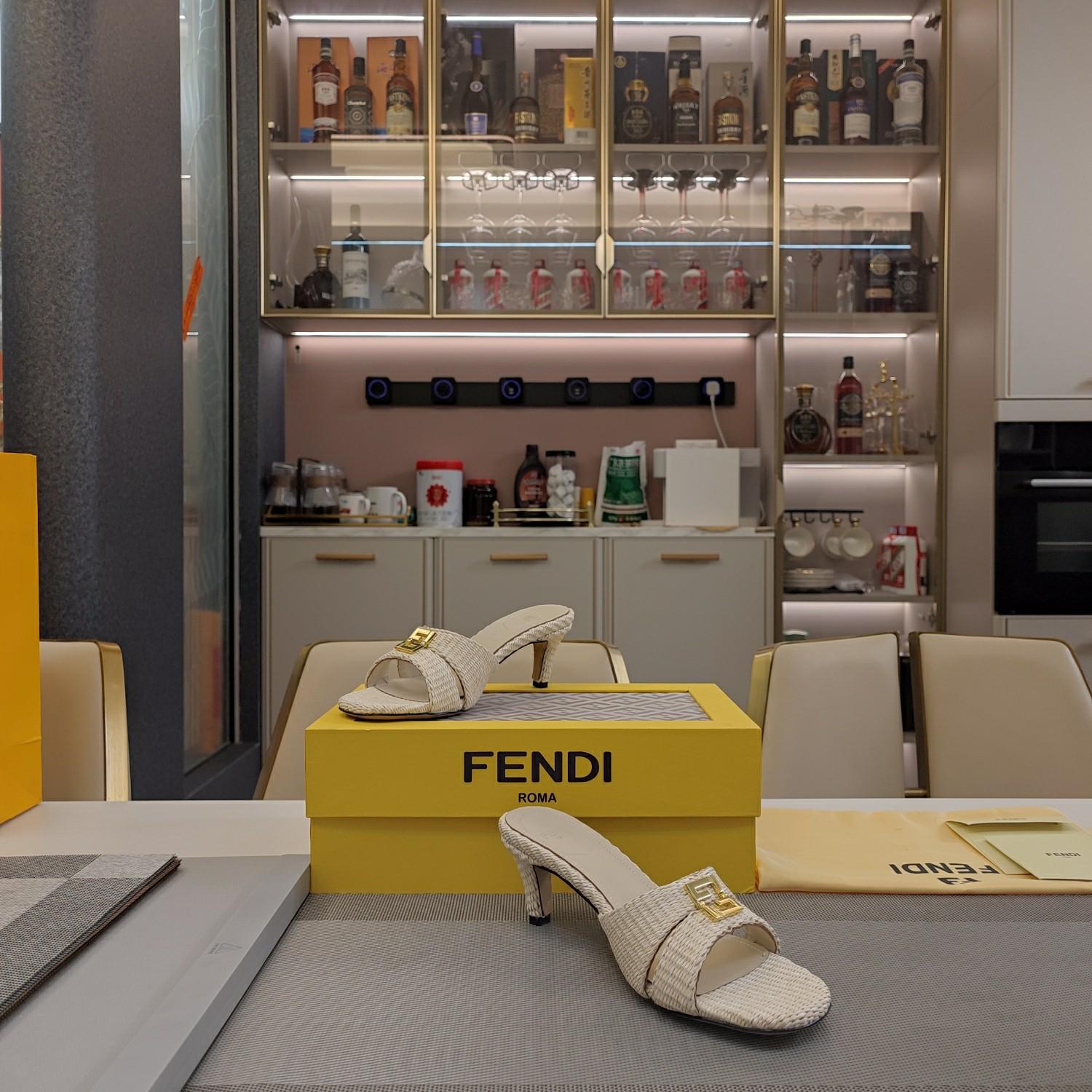 Fendi FFold Beige Cotton Fibre Medium-heel Sandals - DopestKickz