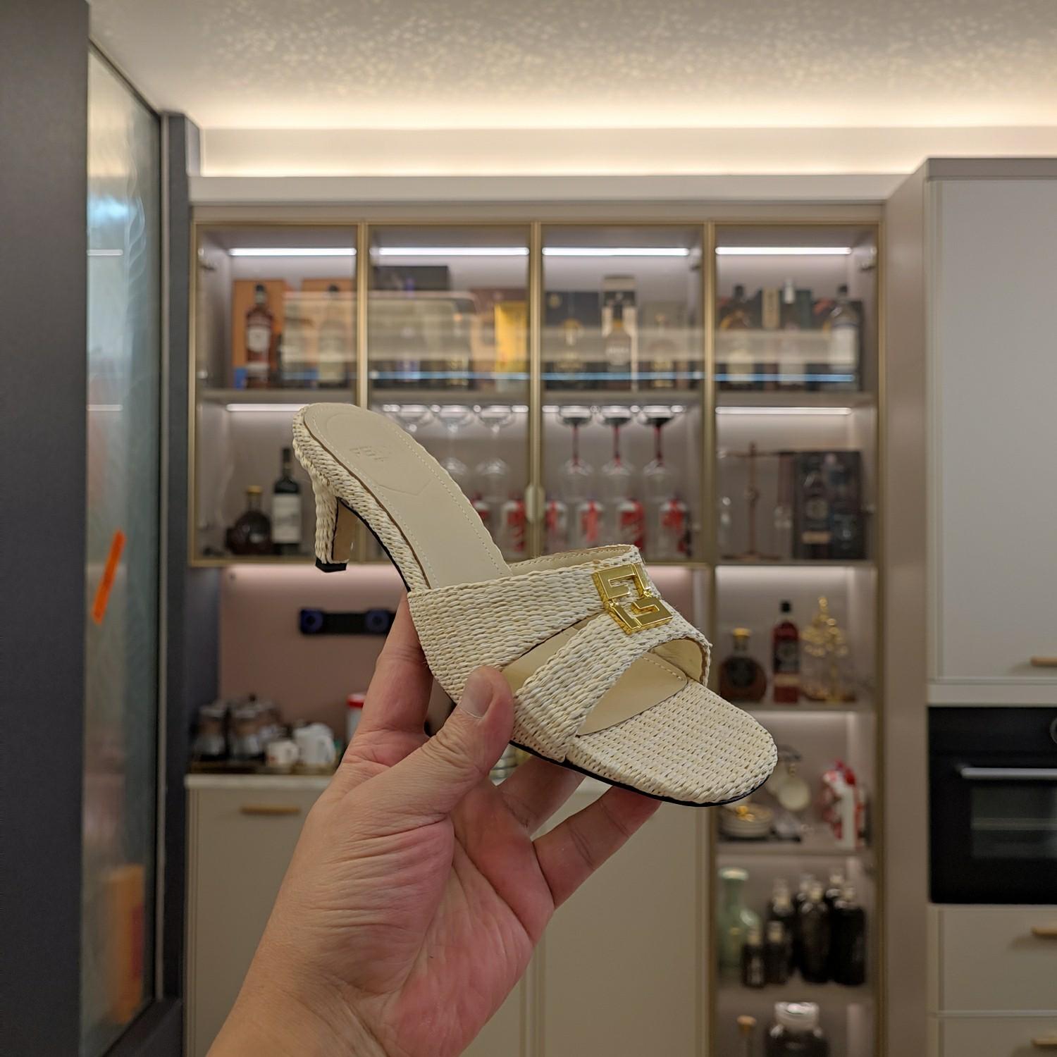 Fendi FFold Beige Cotton Fibre Medium-heel Sandals - DopestKickz