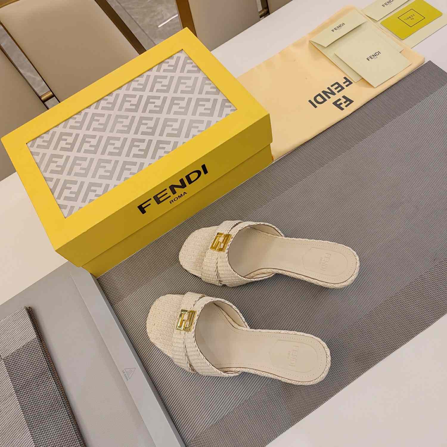 Fendi FFold Beige Cotton Fibre Medium-heel Sandals - DopestKickz