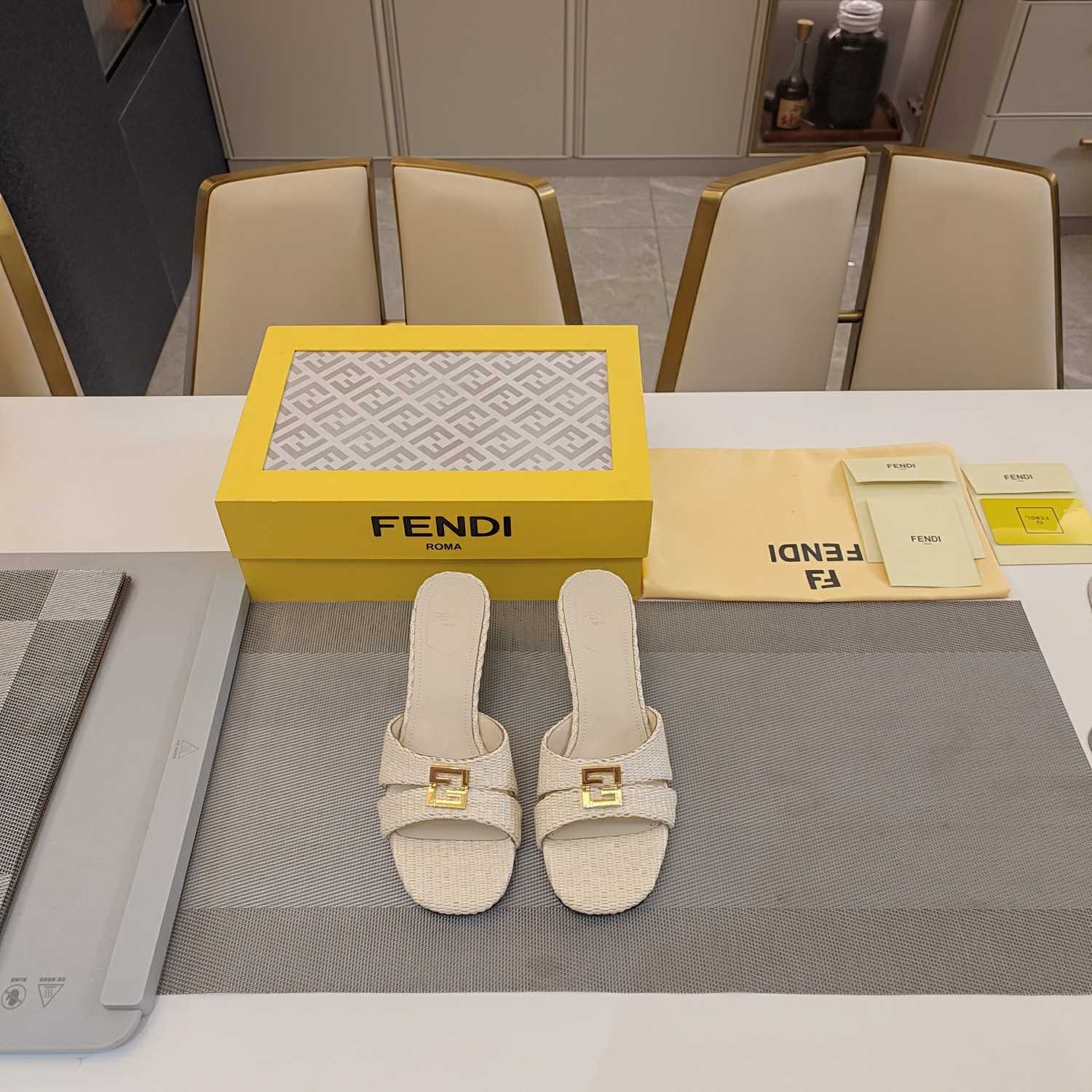 Fendi FFold Beige Cotton Fibre Medium-heel Sandals - DopestKickz