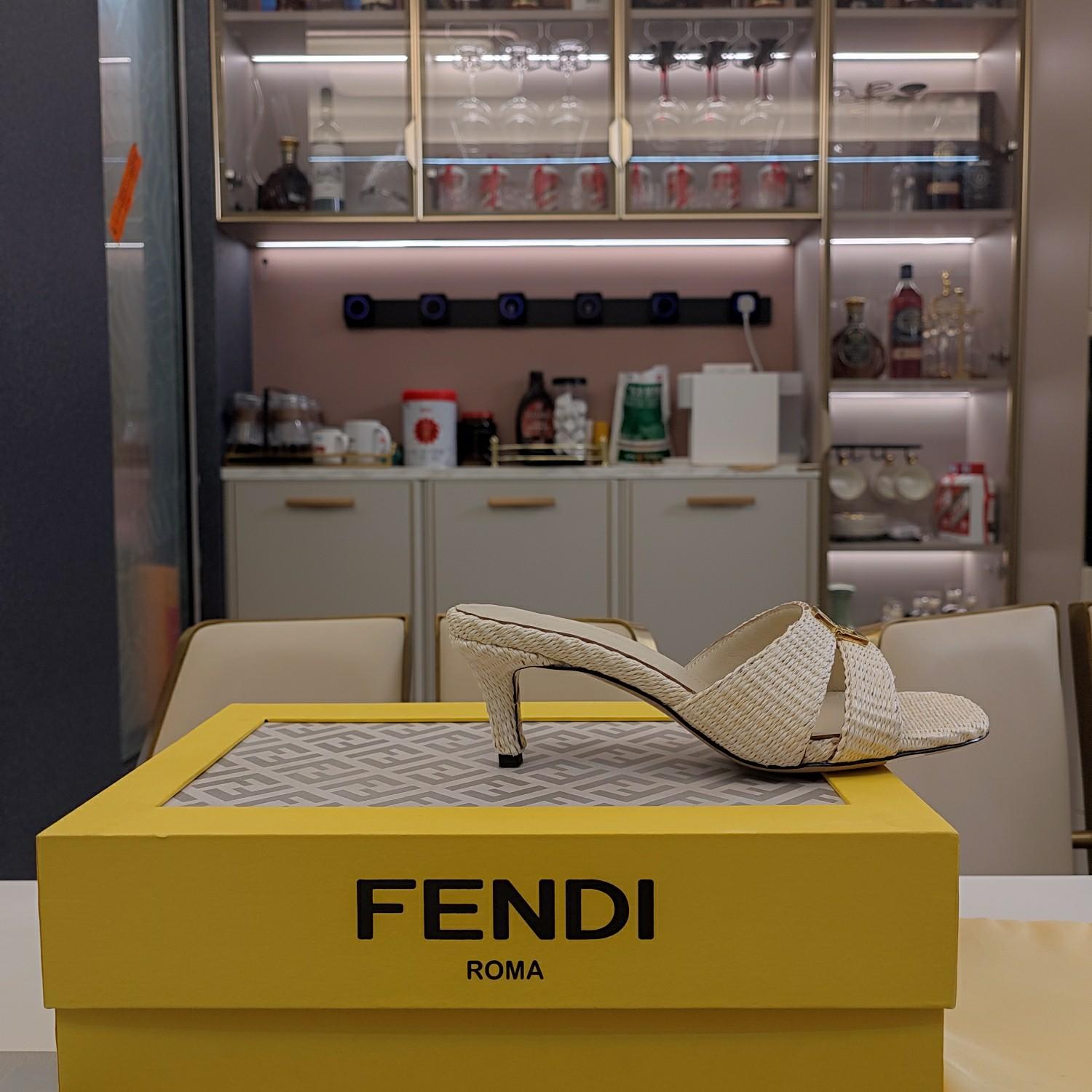 Fendi FFold Beige Cotton Fibre Medium-heel Sandals - DopestKickz