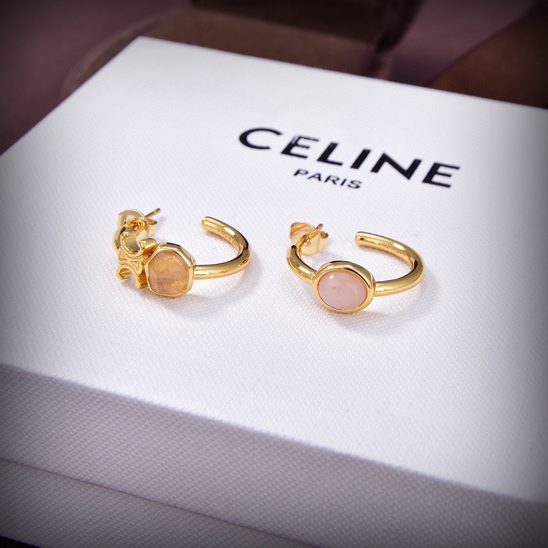 Celine Triomphe Indie Hoops In Brass With Gold Finish,Rutilated Quartz And Pink - DopestKickz
