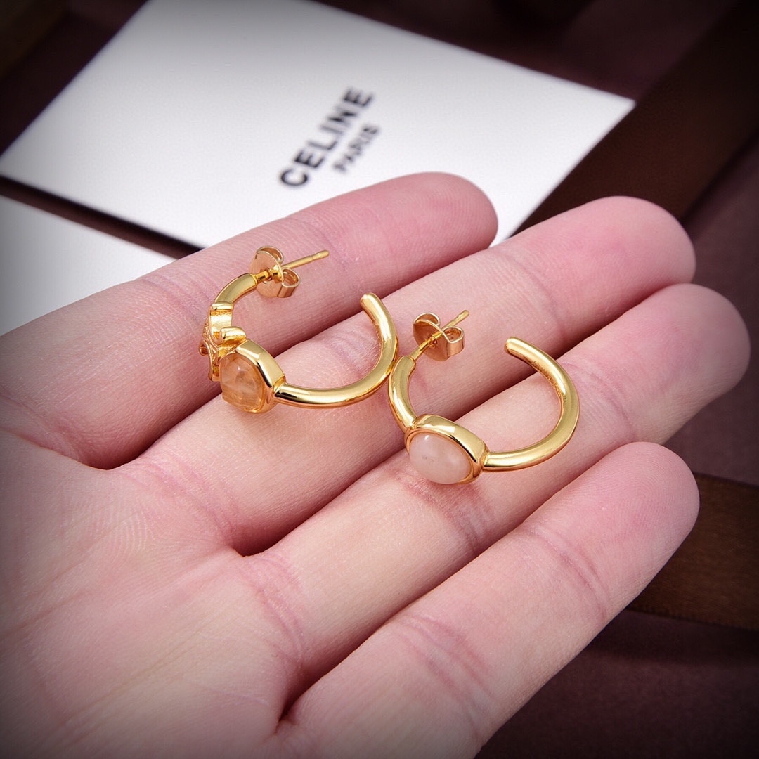 Celine Triomphe Indie Hoops In Brass With Gold Finish,Rutilated Quartz And Pink - DopestKickz