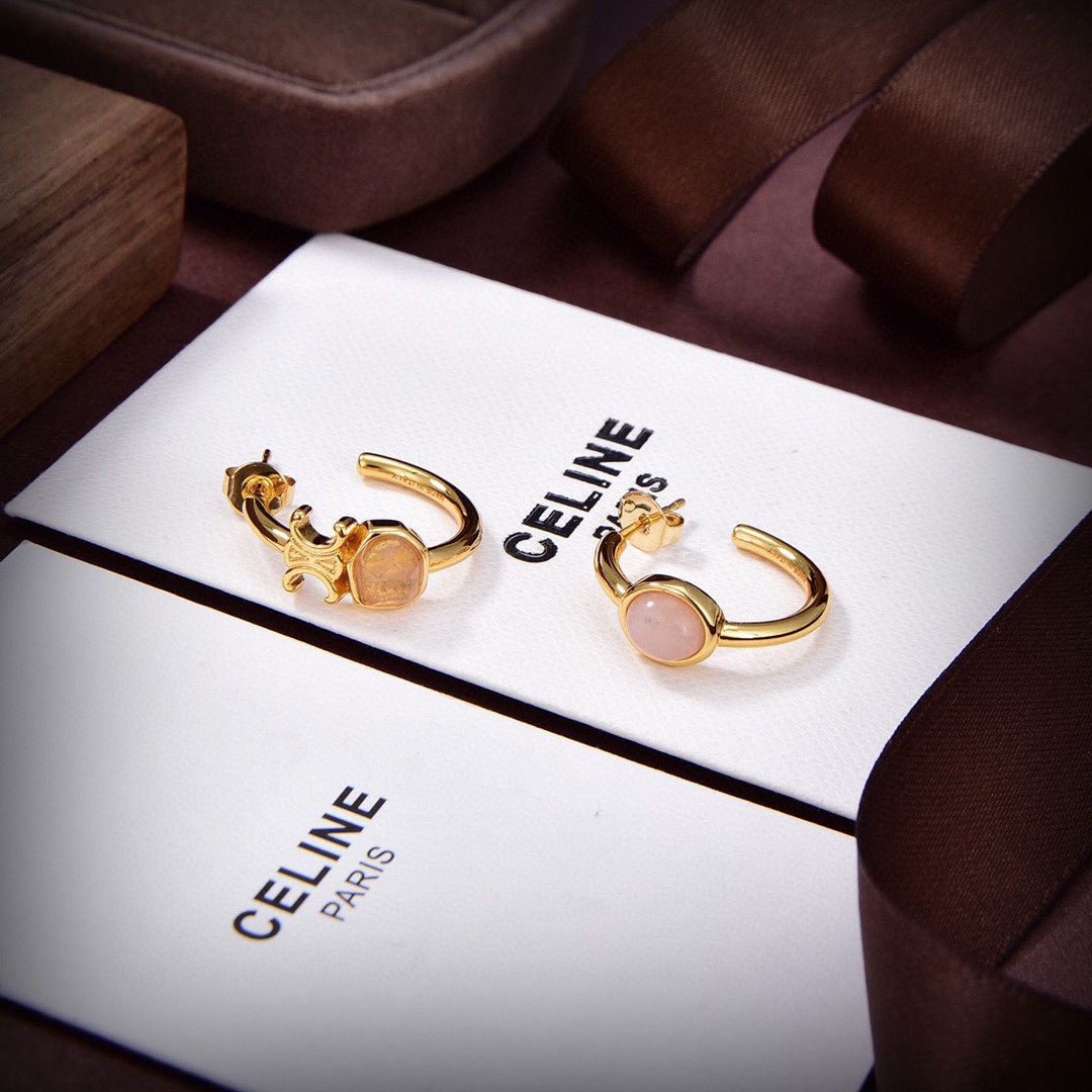 Celine Triomphe Indie Hoops In Brass With Gold Finish,Rutilated Quartz And Pink - DopestKickz