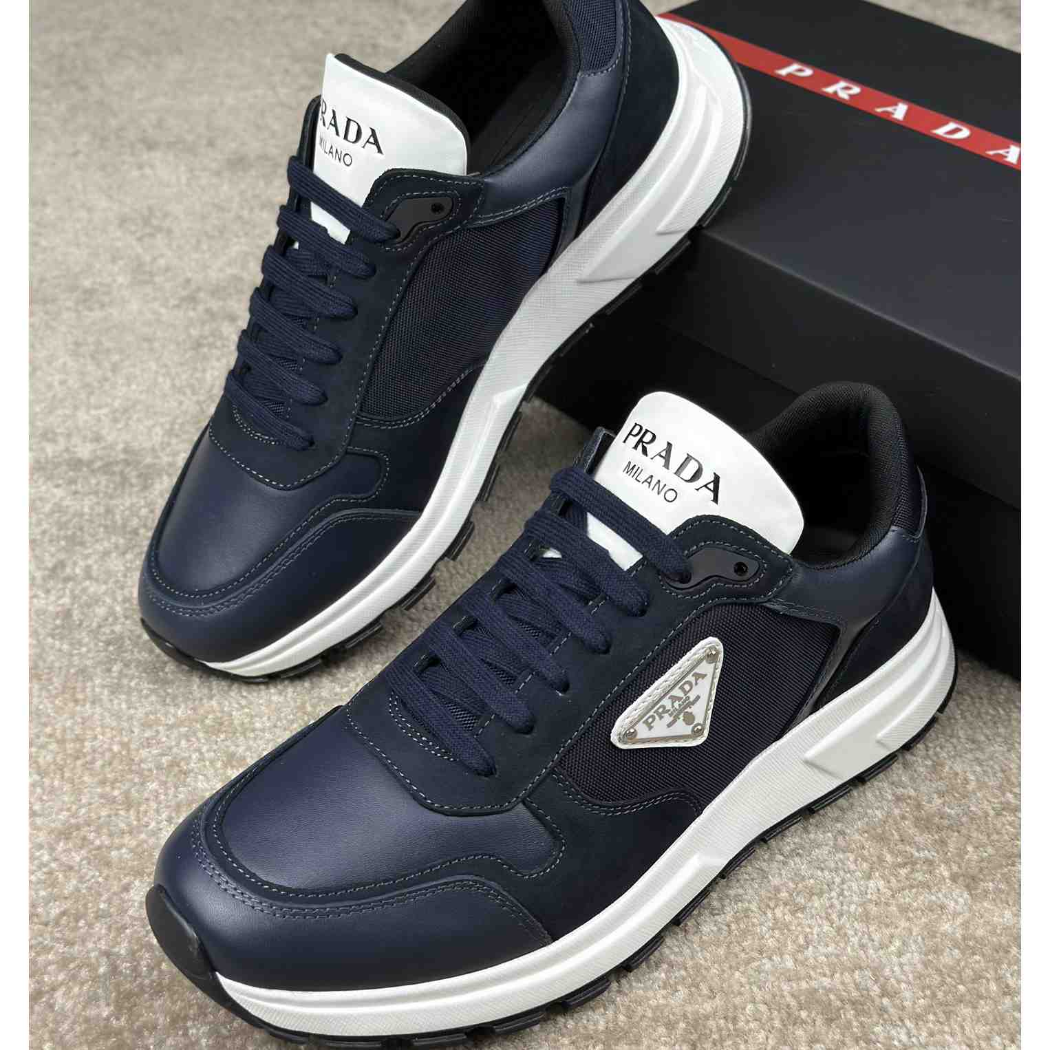 Prada Leather And Re-Nylon Sneakers - DopestKickz