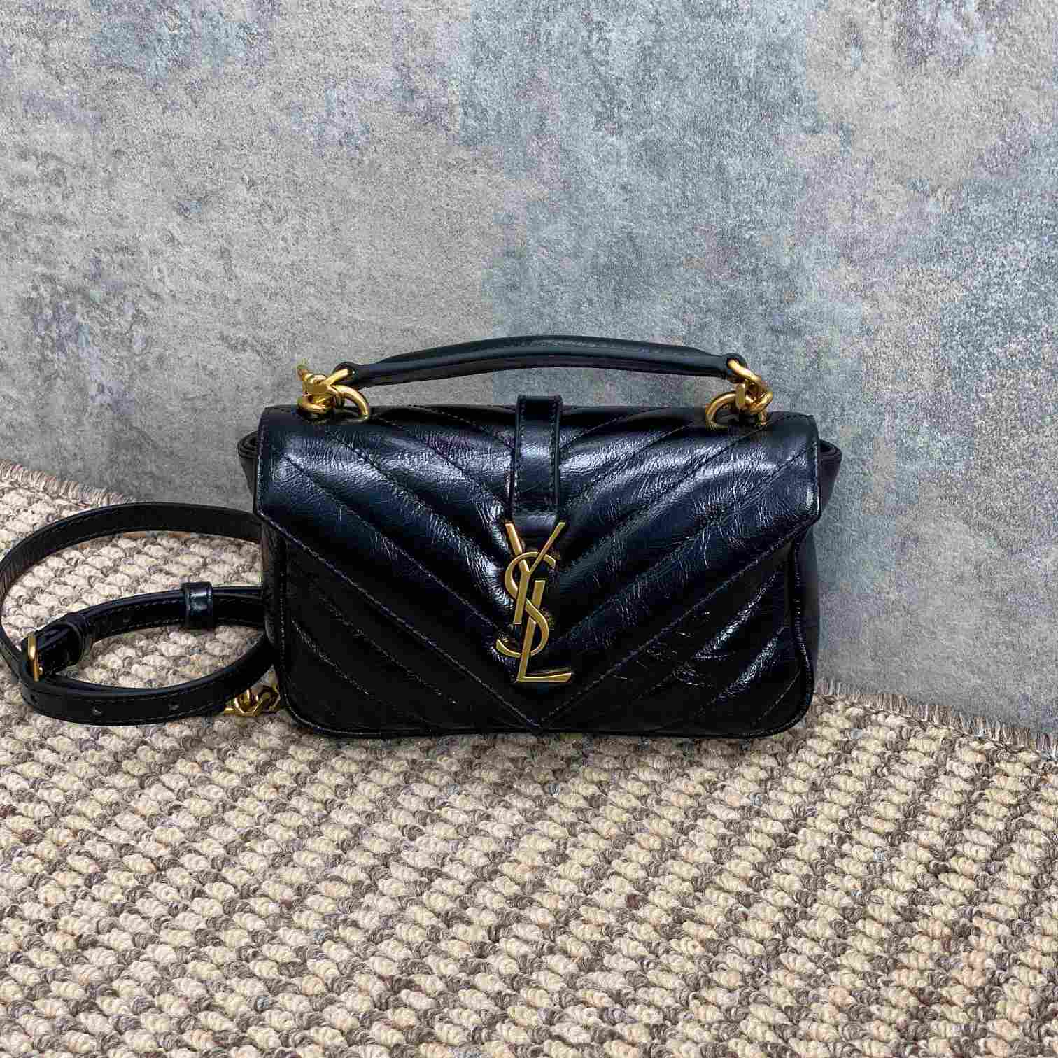 Saint Laurent College Mini Chain Bag In Shiny Crackled Leather - DopestKickz