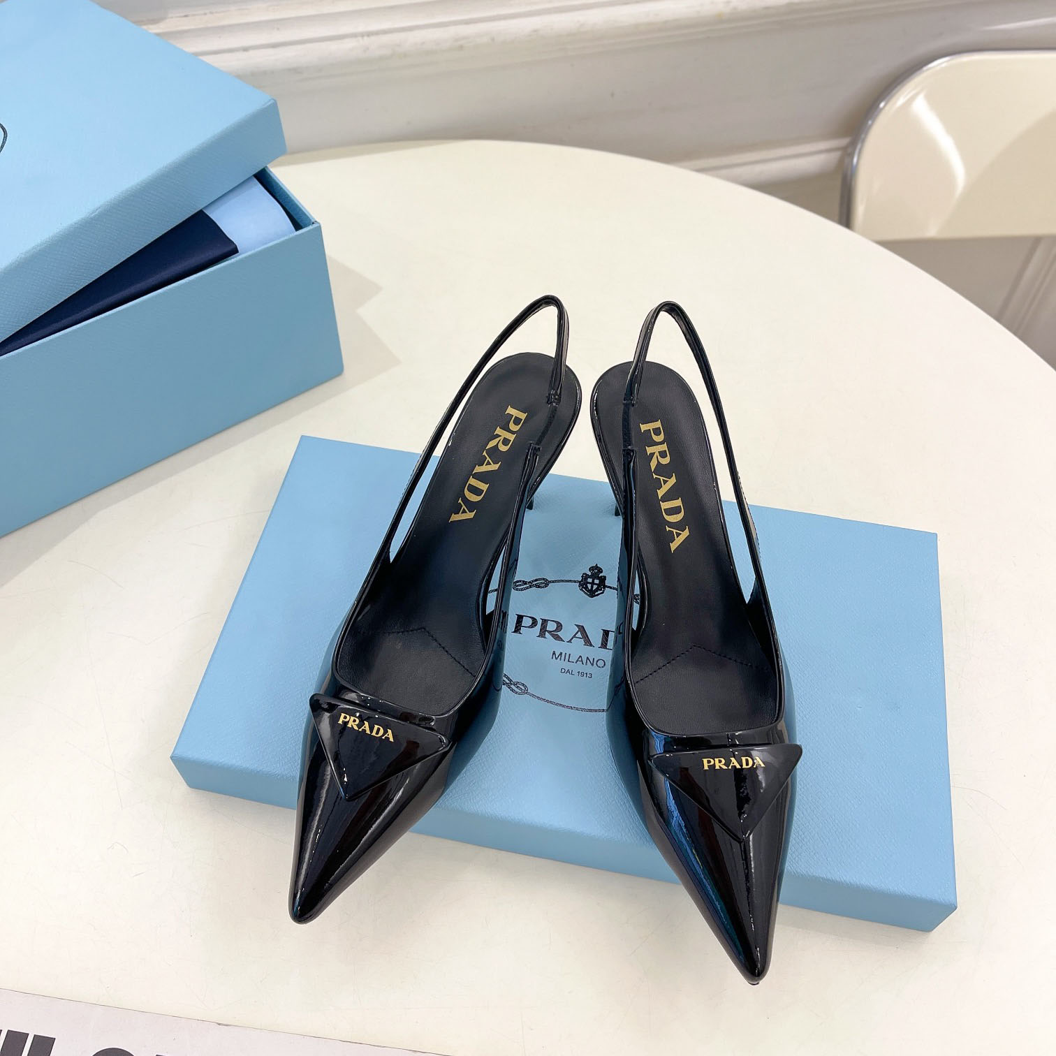 Prada 75m Patent Leather Slingback Pumps - DopestKickz