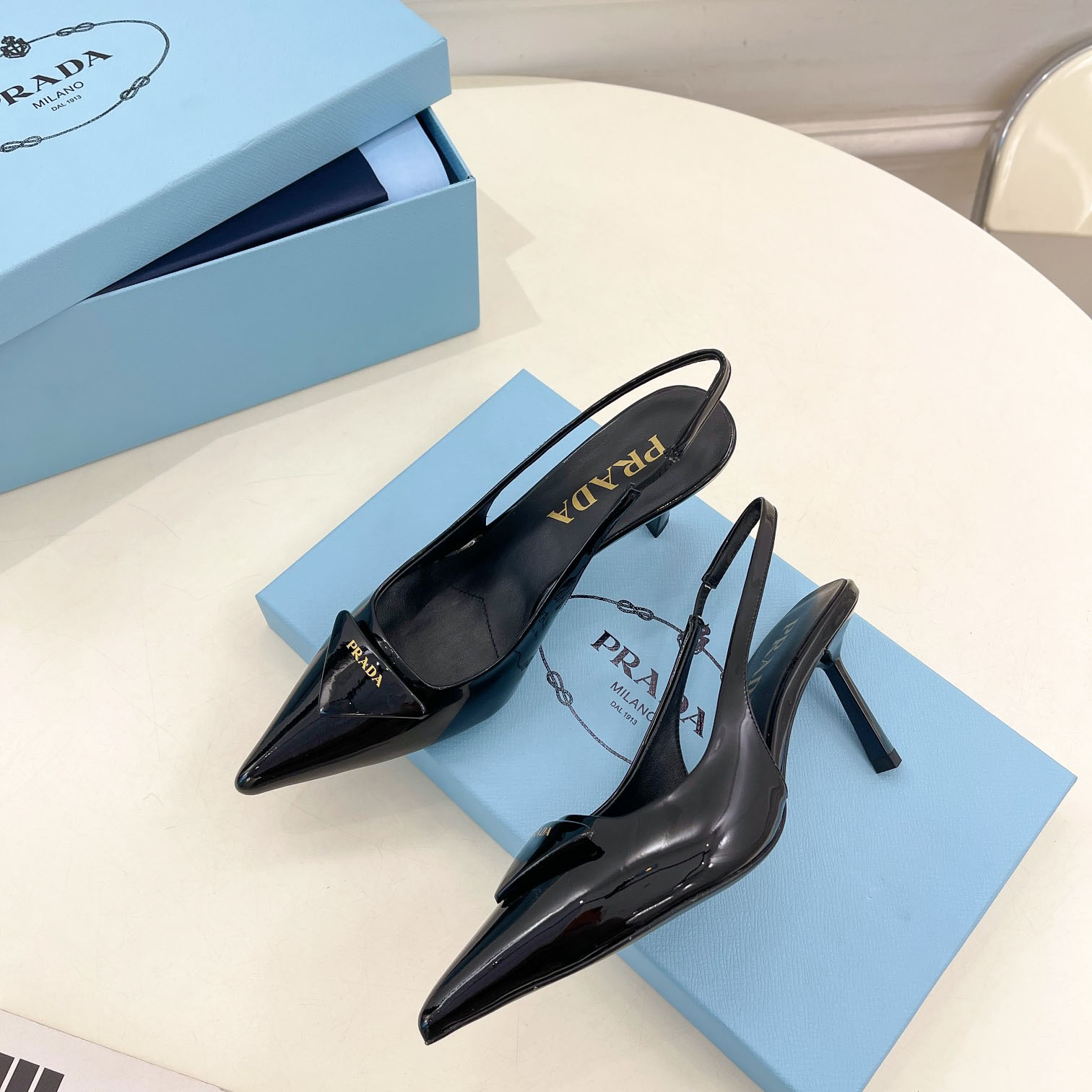 Prada 75m Patent Leather Slingback Pumps - DopestKickz
