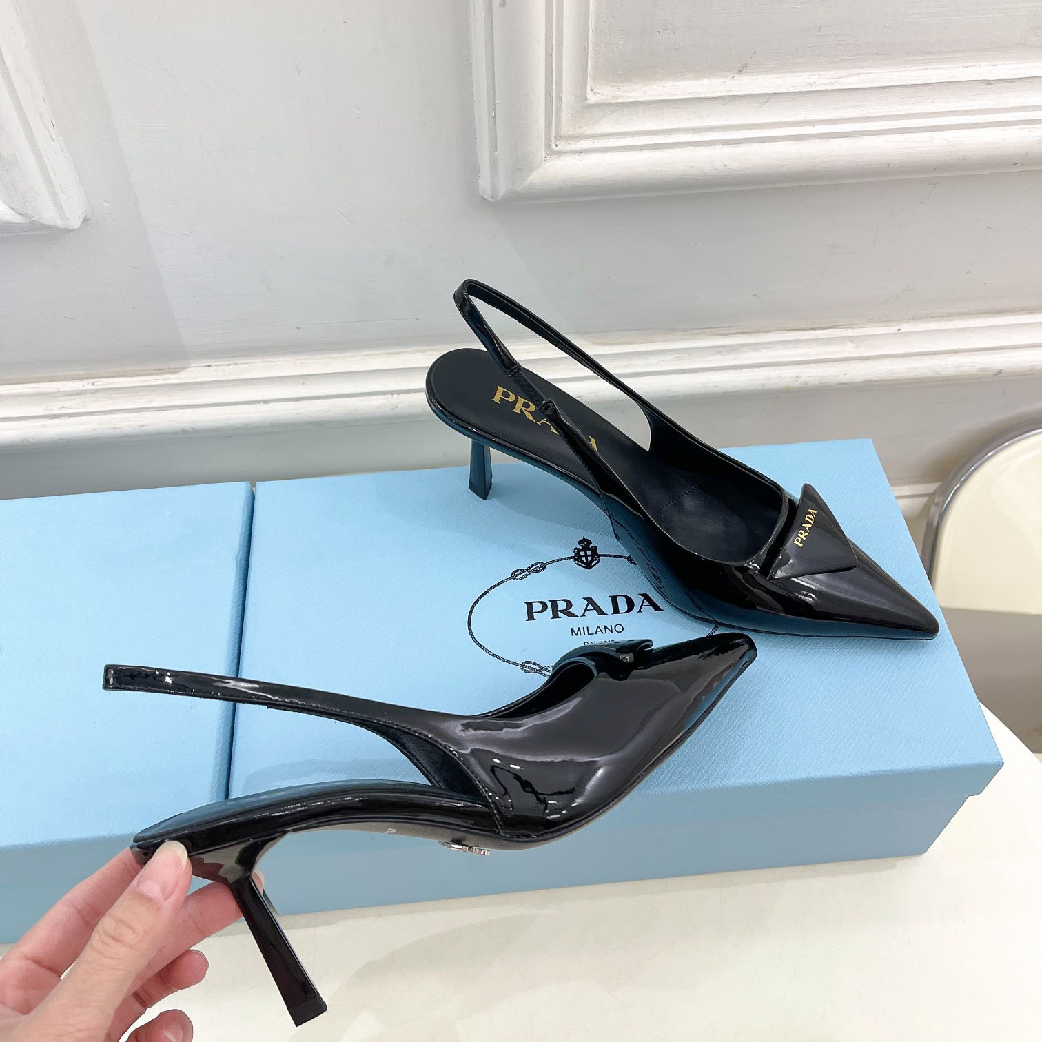 Prada 75m Patent Leather Slingback Pumps - DopestKickz