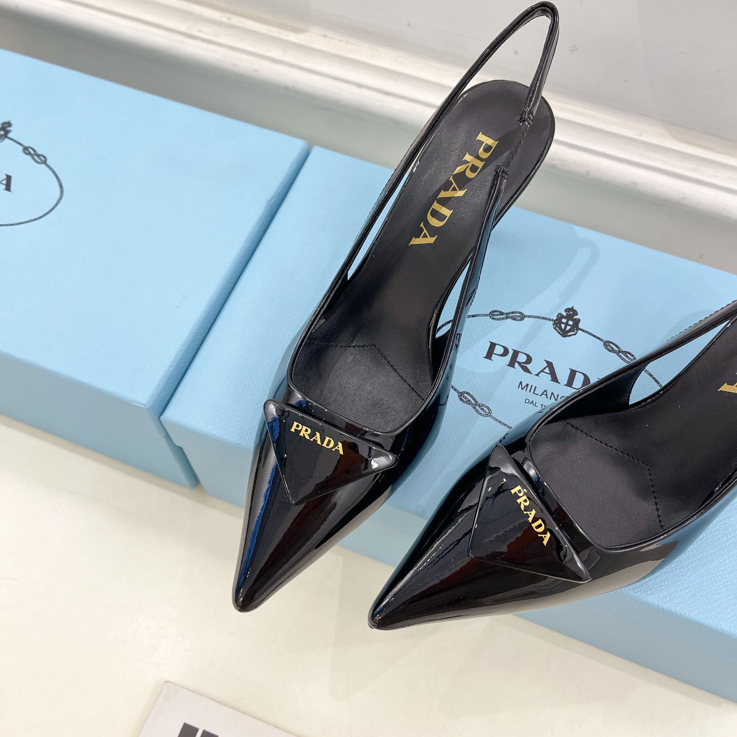 Prada 75m Patent Leather Slingback Pumps - DopestKickz