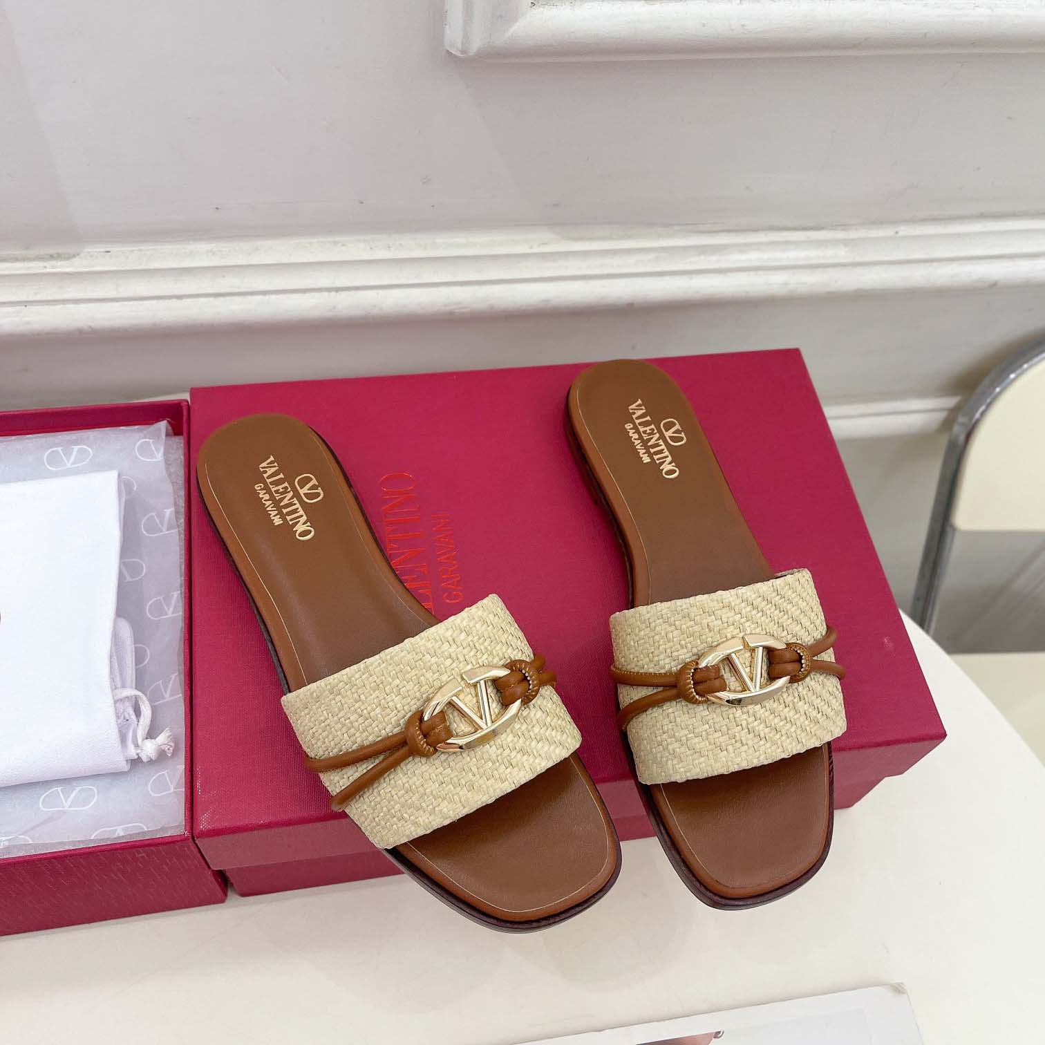 Valenti Garavani VLogo Raffia-trimmed Leather Slides - DopestKickz