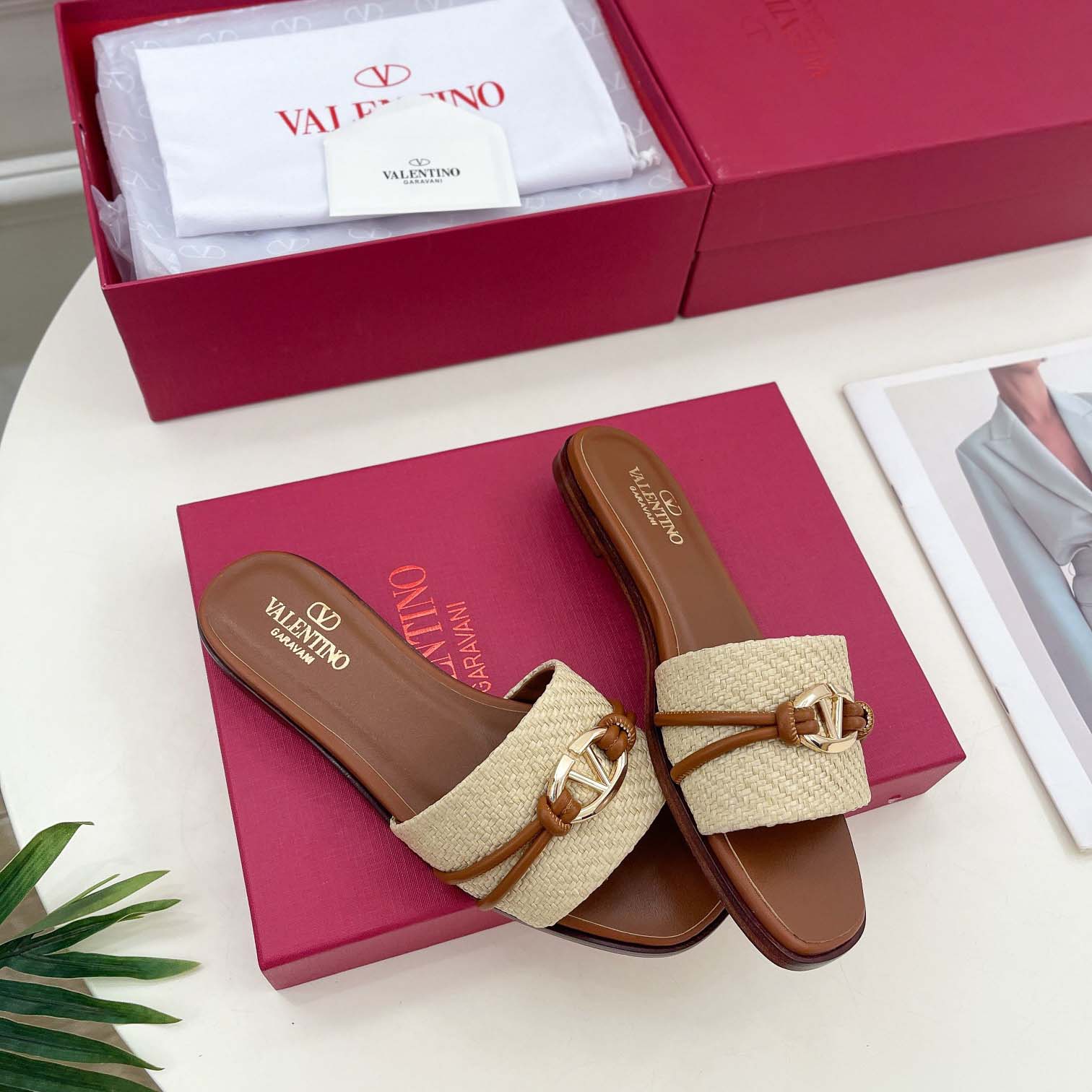 Valenti Garavani VLogo Raffia-trimmed Leather Slides - DopestKickz