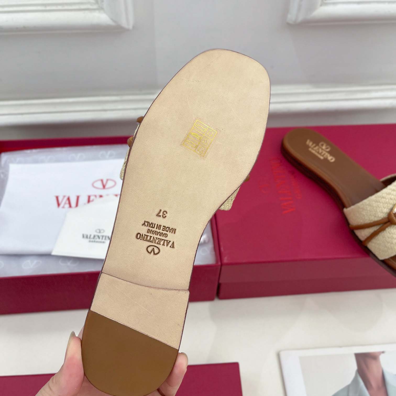 Valenti Garavani VLogo Raffia-trimmed Leather Slides - DopestKickz